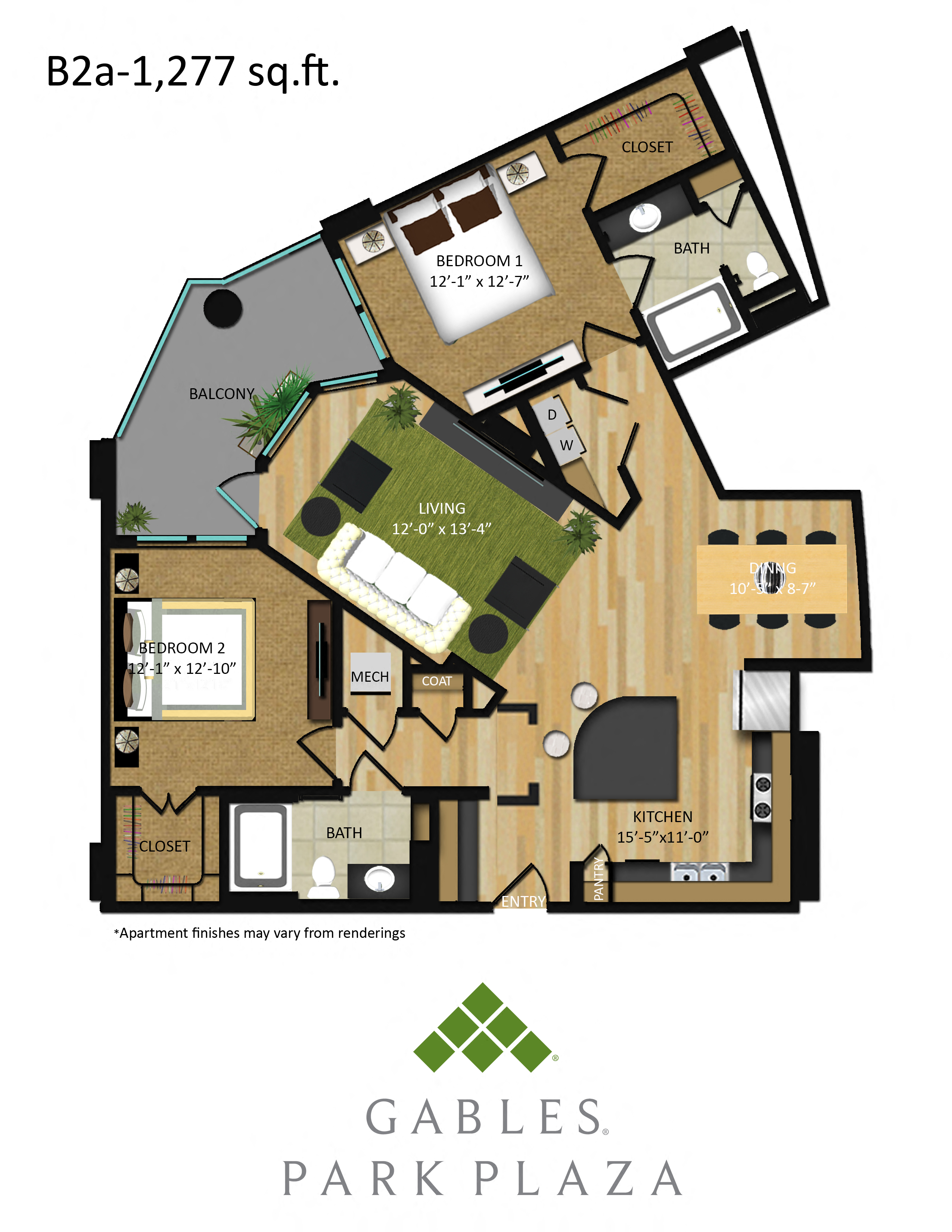Floor plan for 2 beds, 2 baths, 1277 sqft