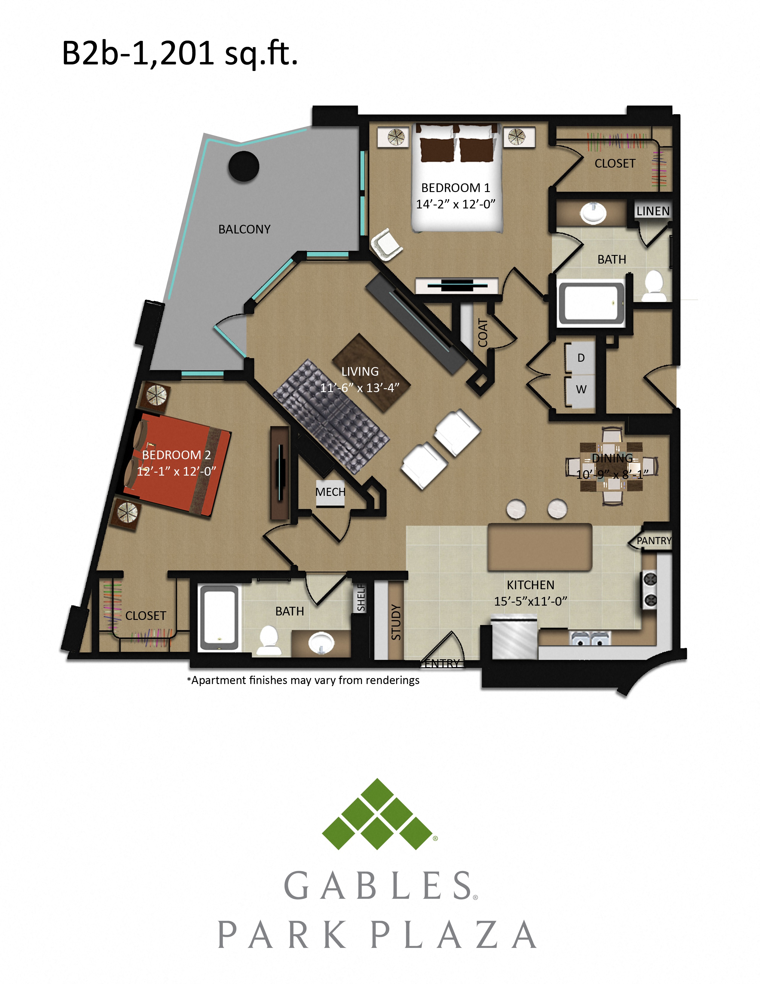 Floor plan for 2 beds, 2 baths, 1201 sqft
