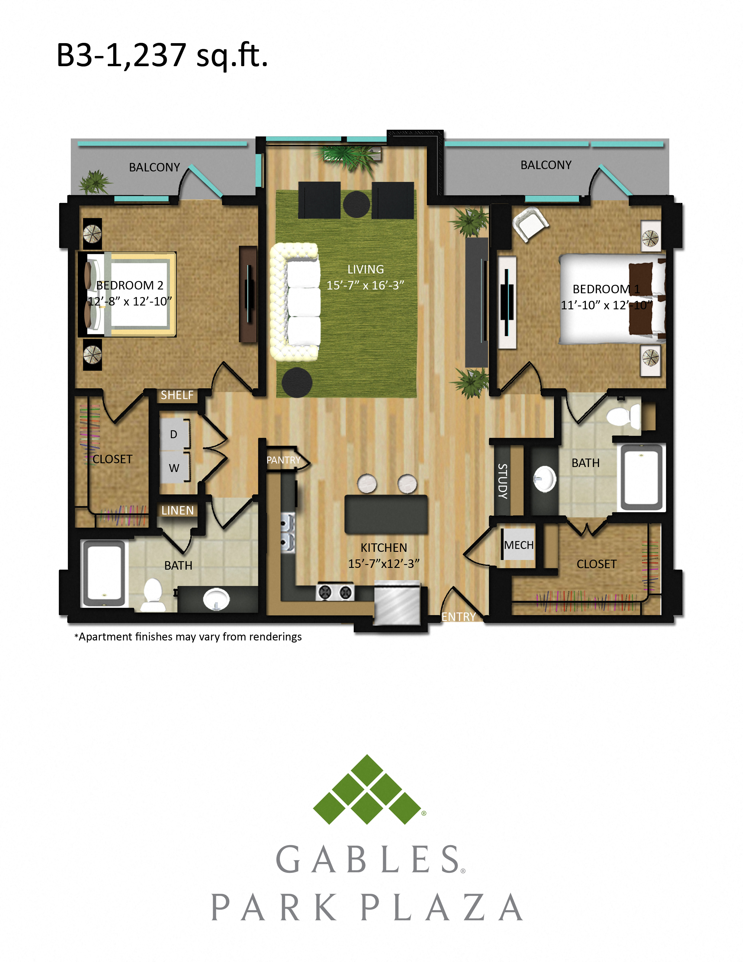 Floor plan for 2 beds, 2 baths, 1237 sqft