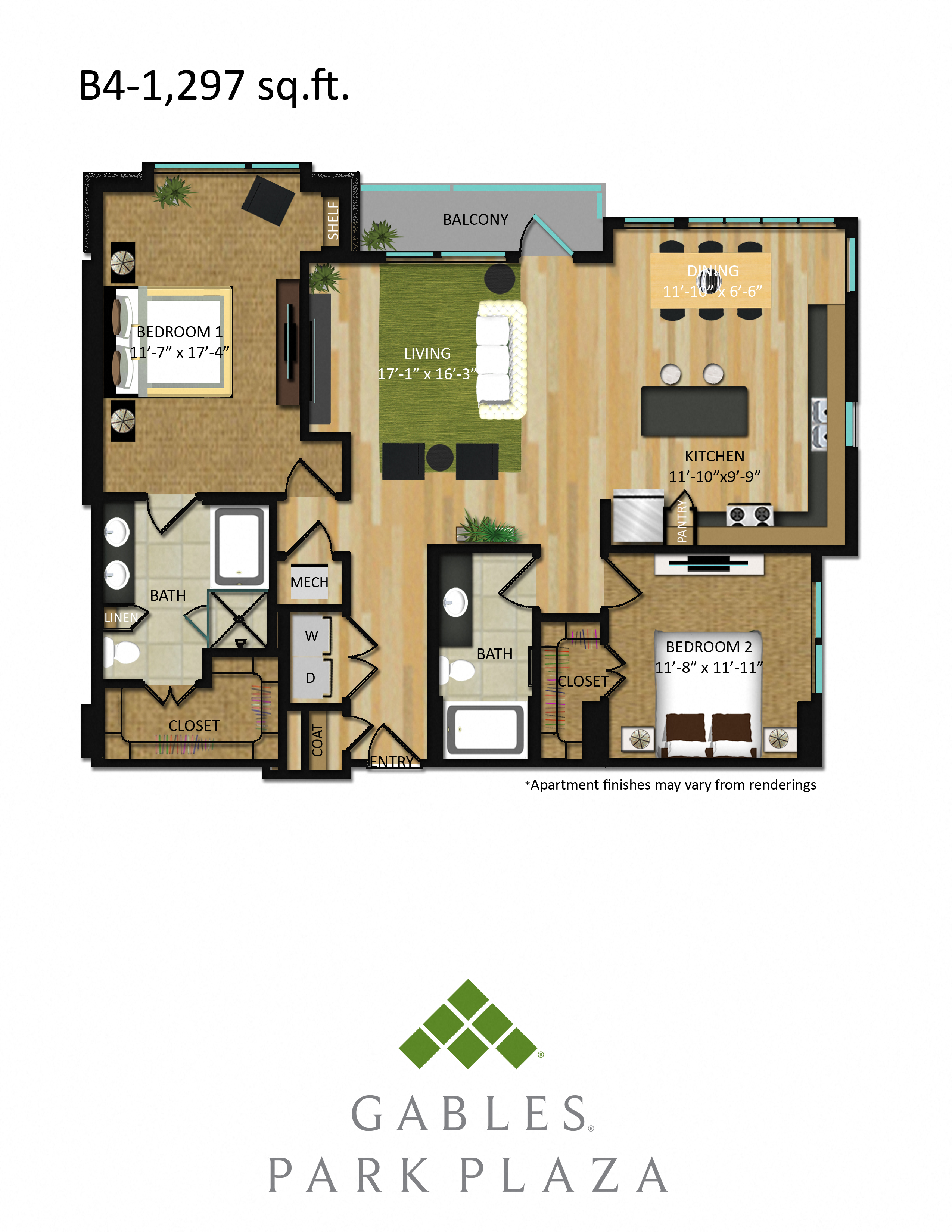 Floor plan for 2 beds, 2 baths, 1297 sqft