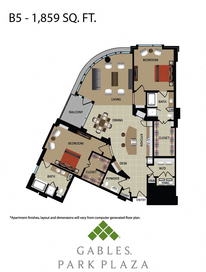 Floor plan for 2 beds, 2 baths, 1859 sqft