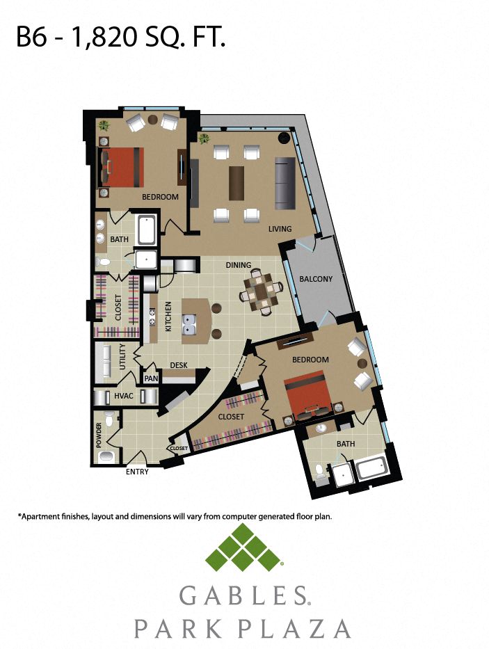 Floor plan for 2 beds, 2 baths, 1820 sqft
