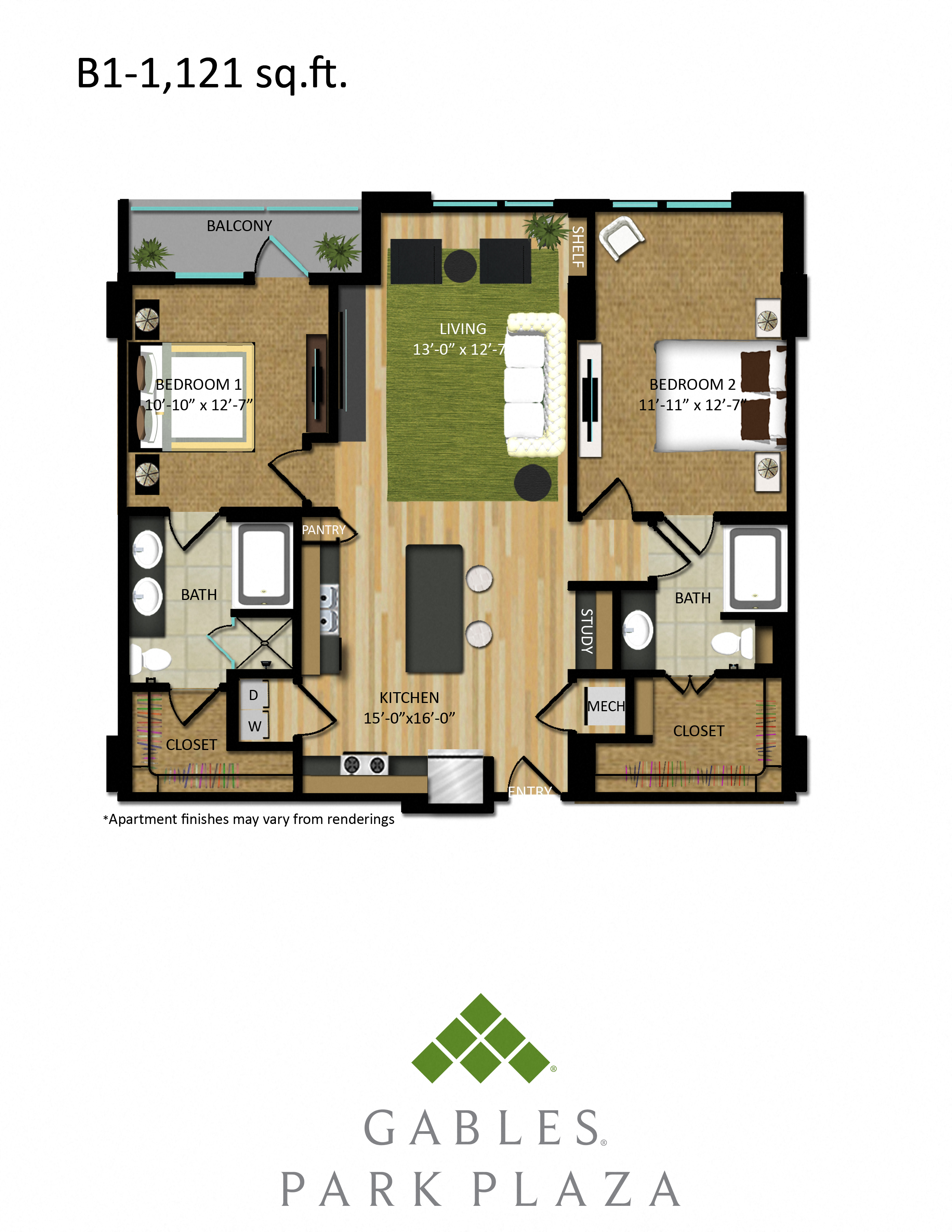 Floor plan for 2 beds, 2 baths, 1121 sqft