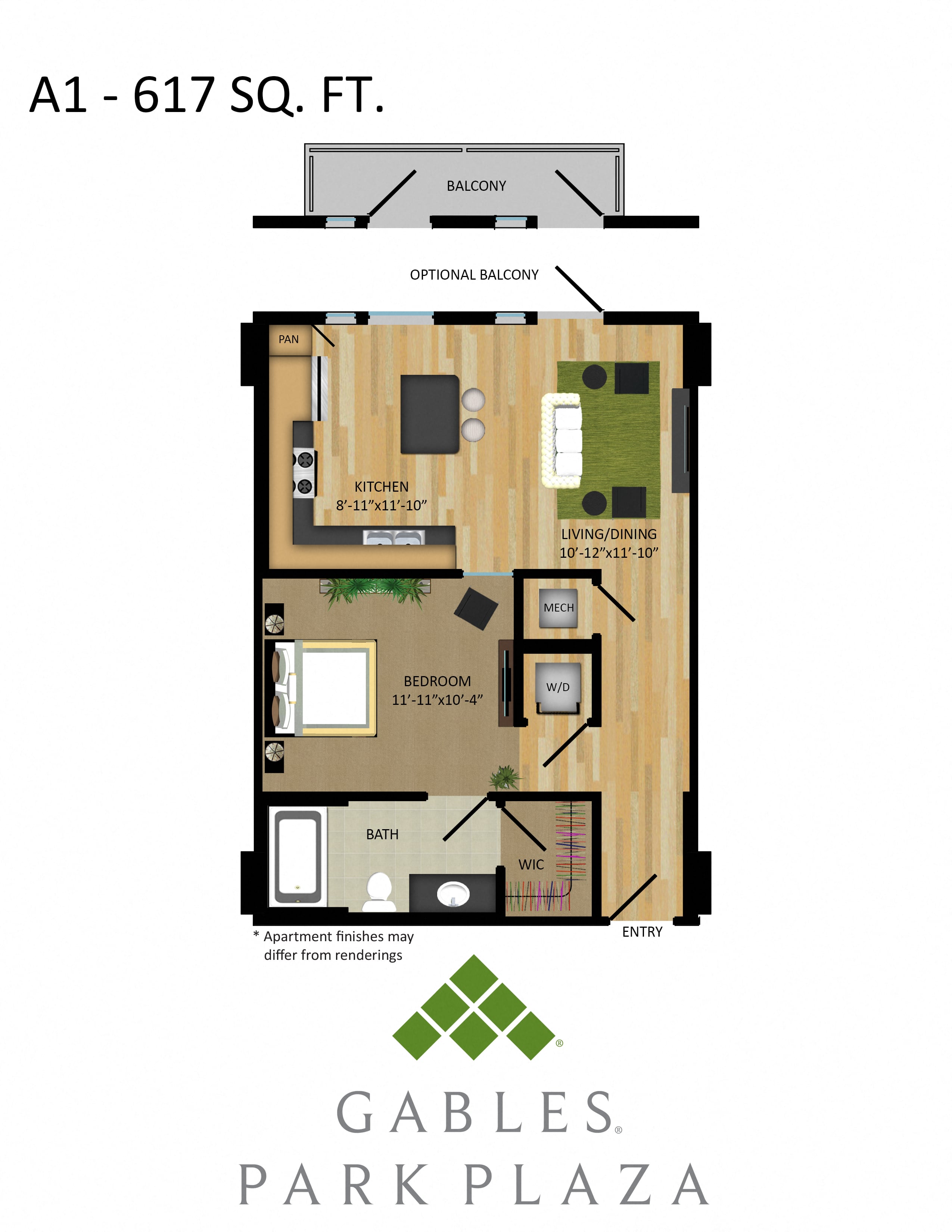 Floor plan for 1 bed, 1 bath, 617 sqft