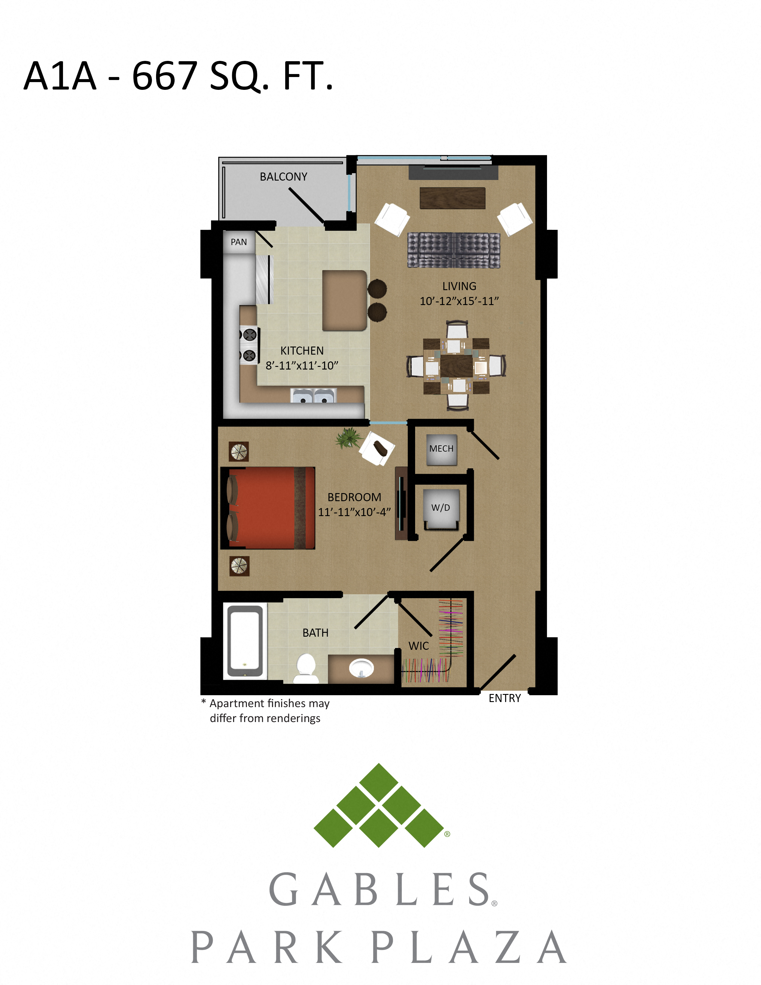 Floor plan for 1 bed, 1 bath, 667 sqft