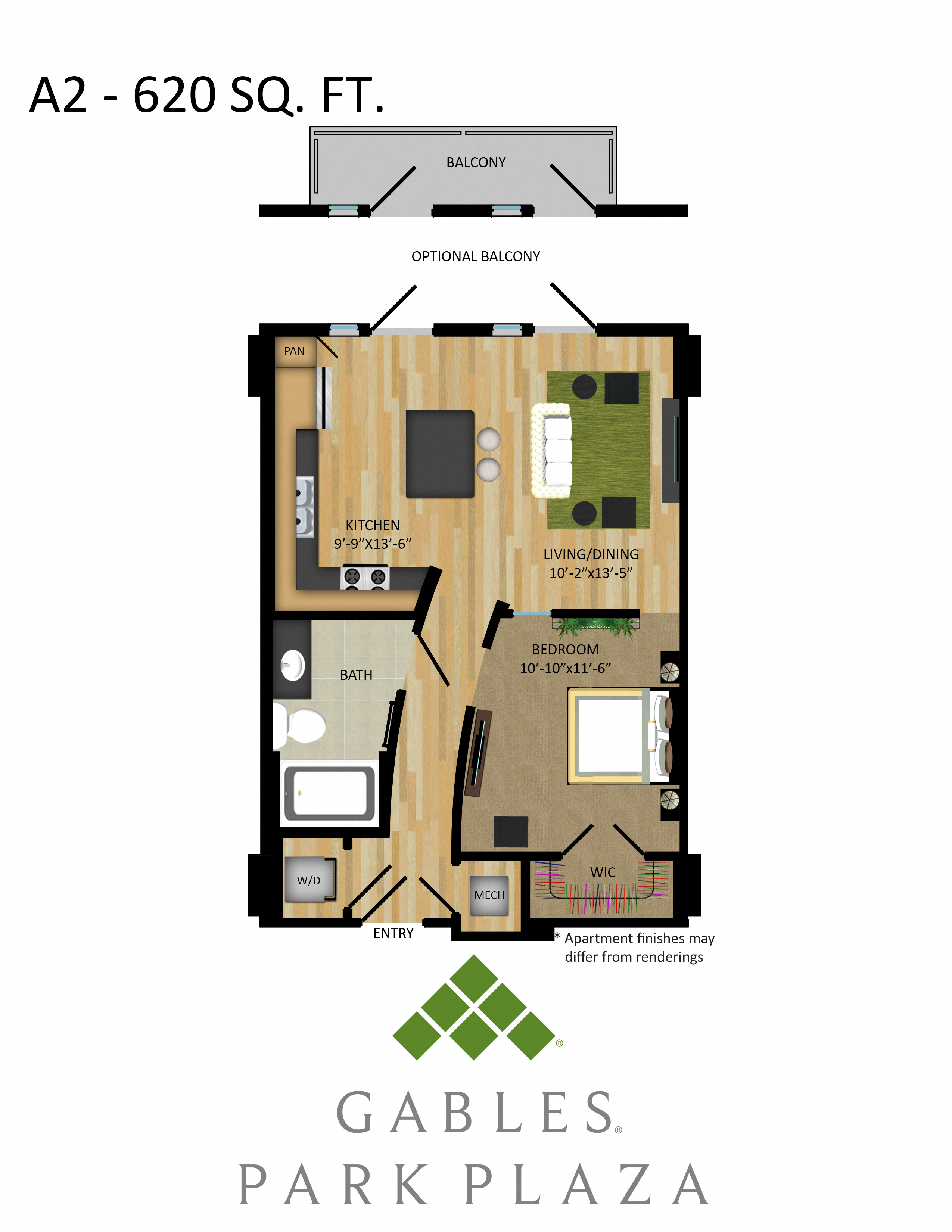 Floor plan for 1 bed, 1 bath, 620 sqft
