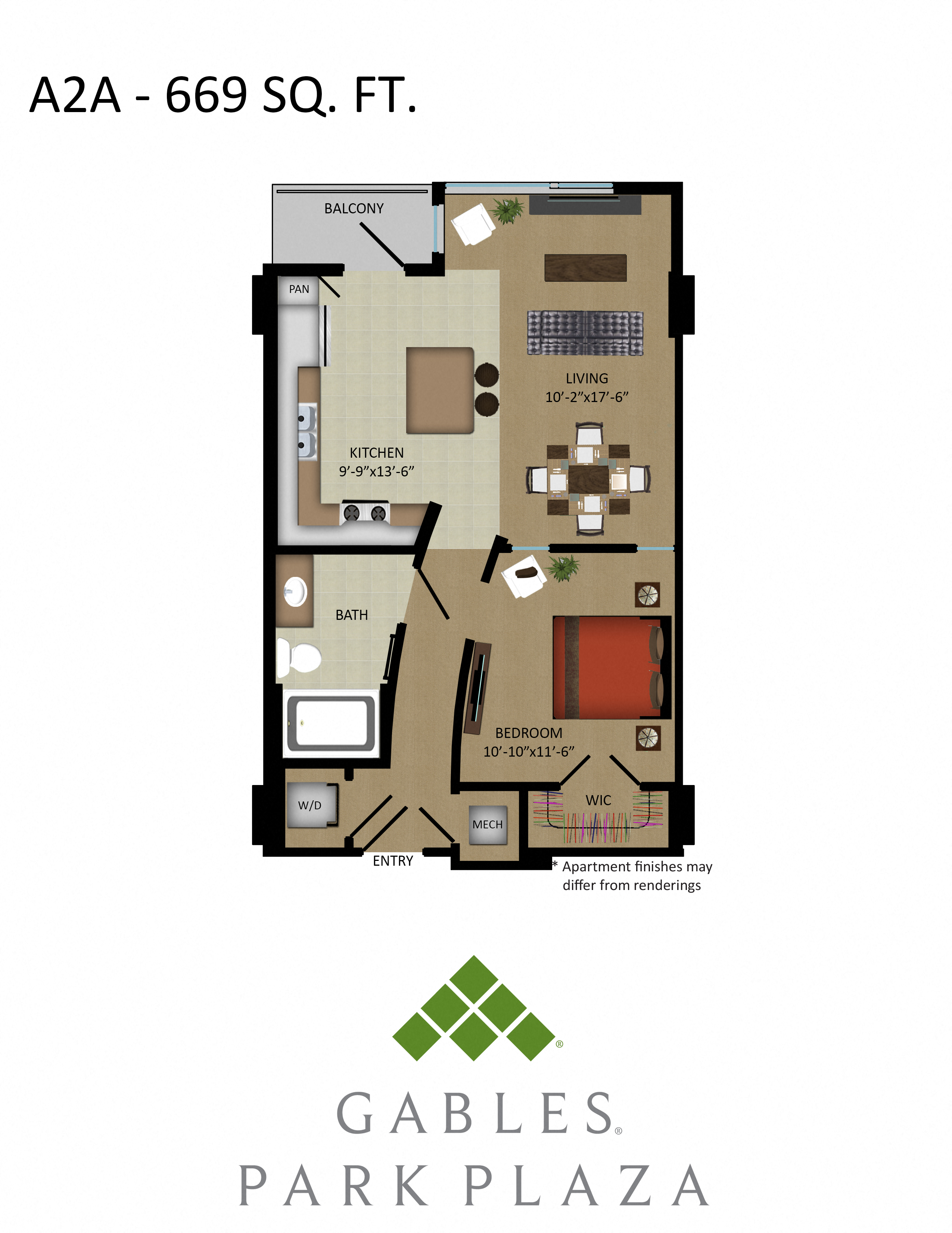 Floor plan for 1 bed, 1 bath, 669 sqft