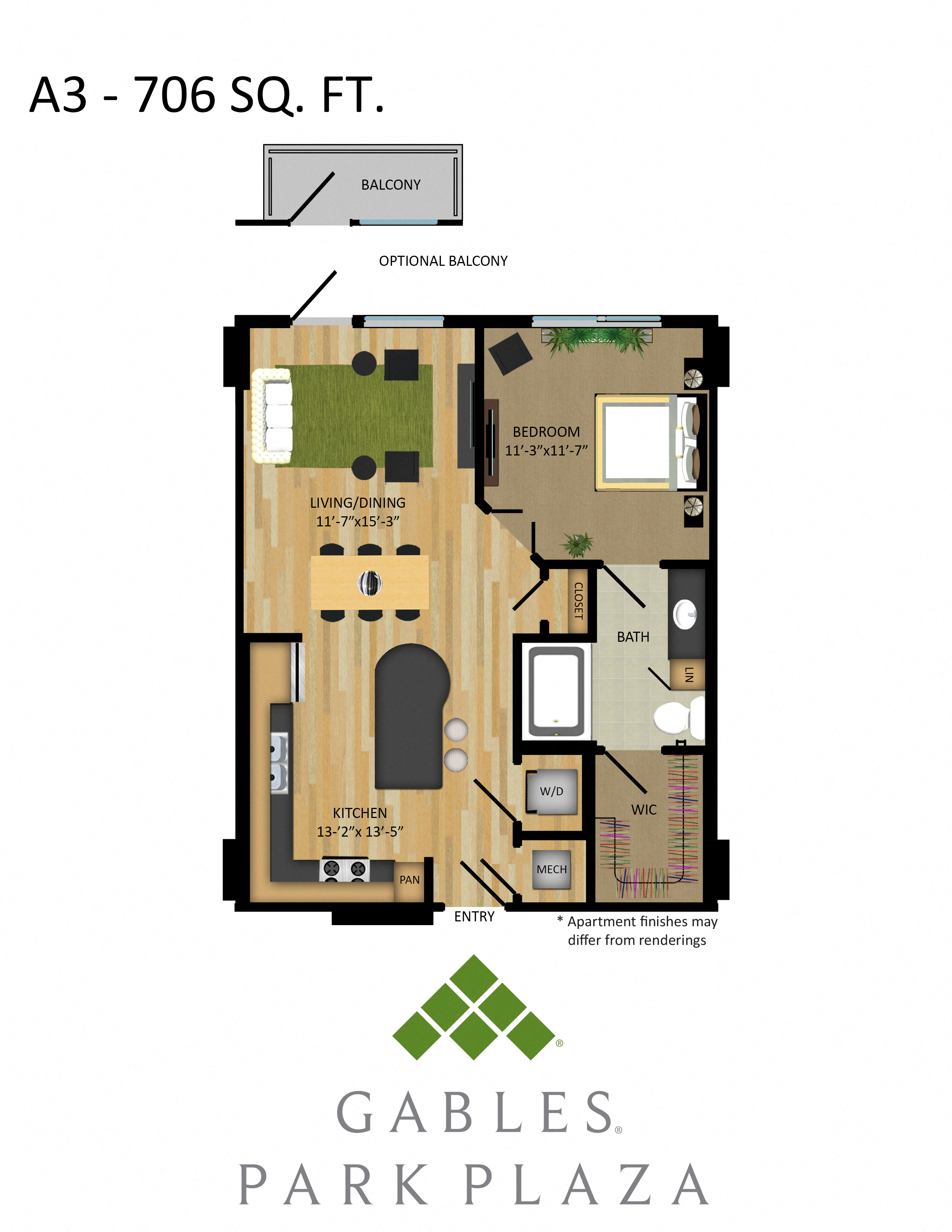 Floor plan for 1 bed, 1 bath, 706 sqft