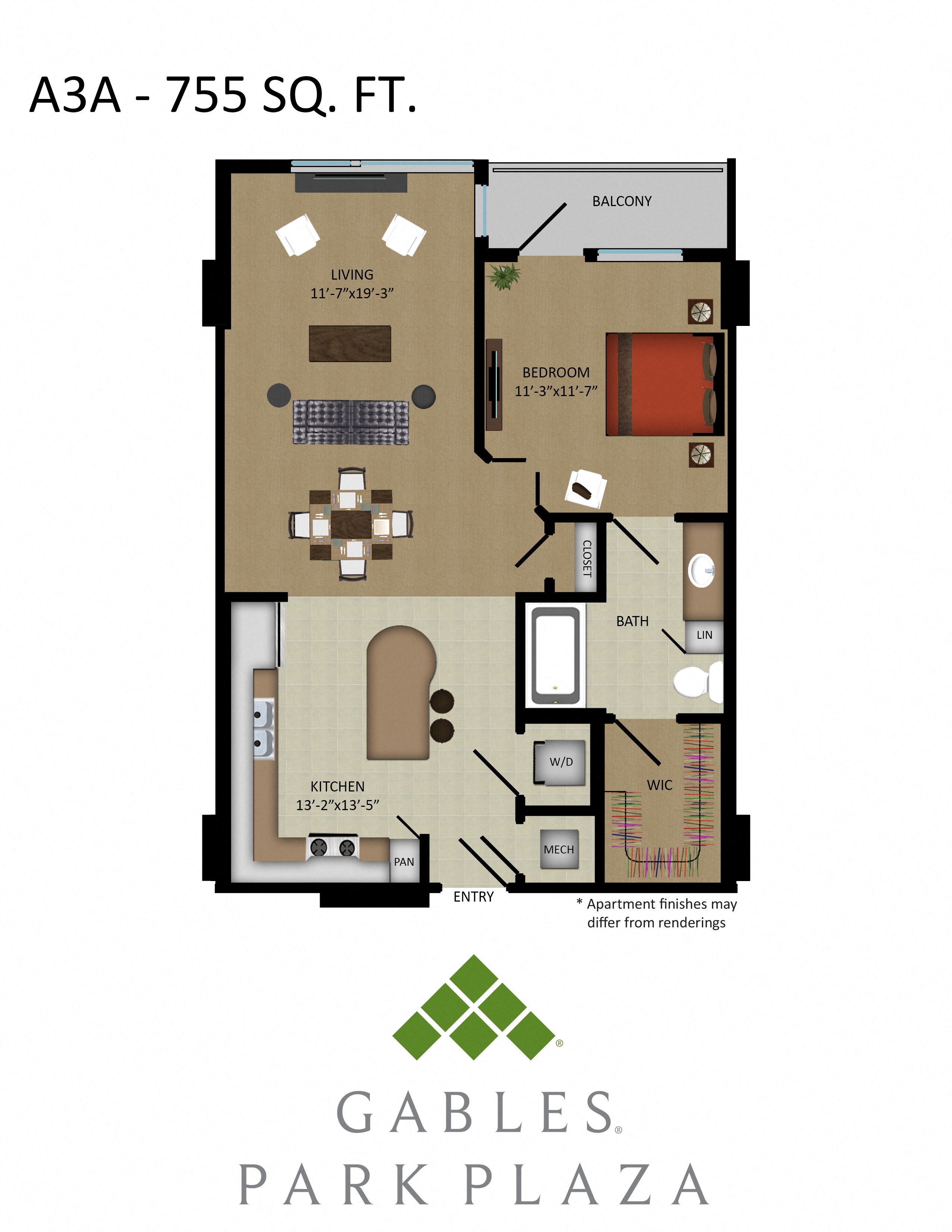 Floor plan for 1 bed, 1 bath, 755 sqft