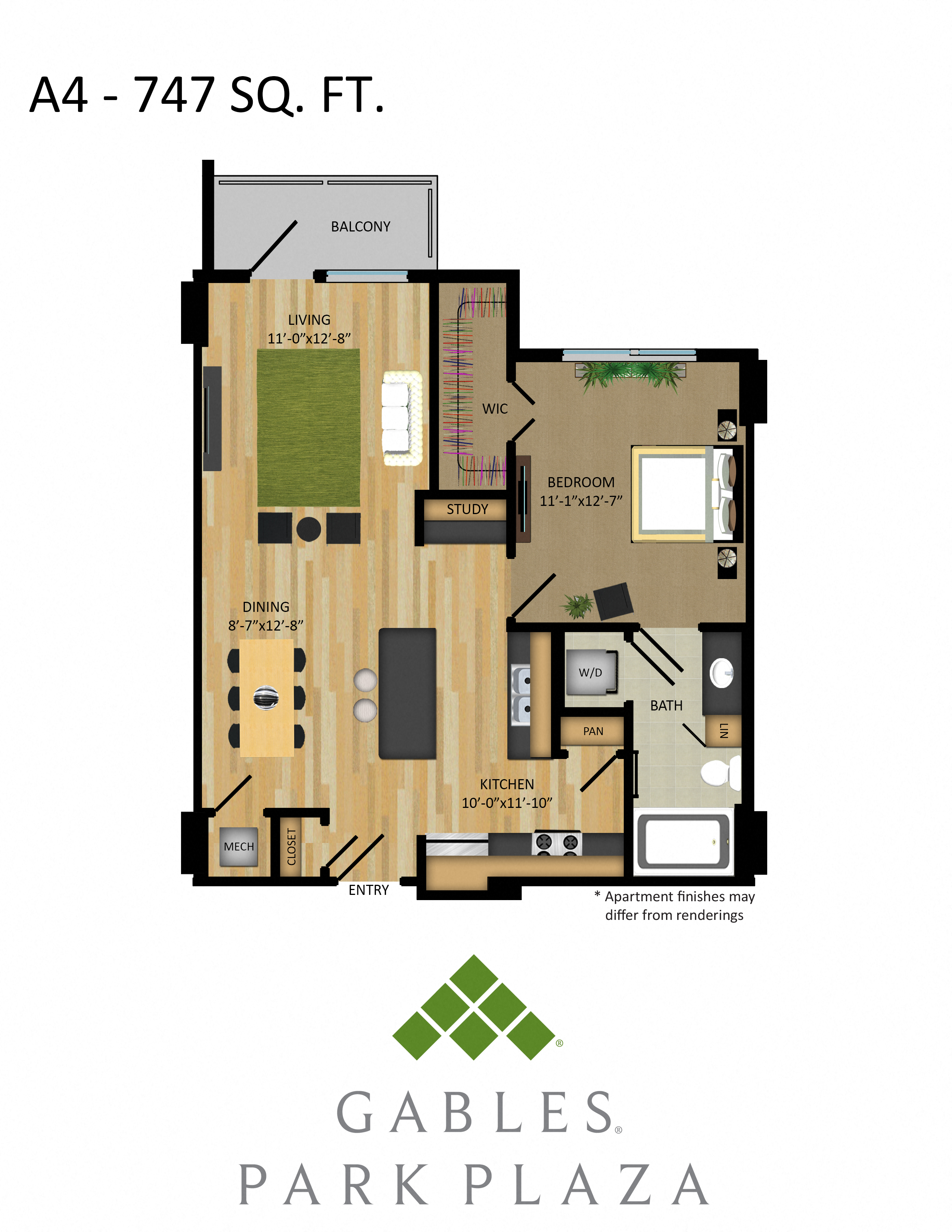 Floor plan for 1 bed, 1 bath, 747 sqft