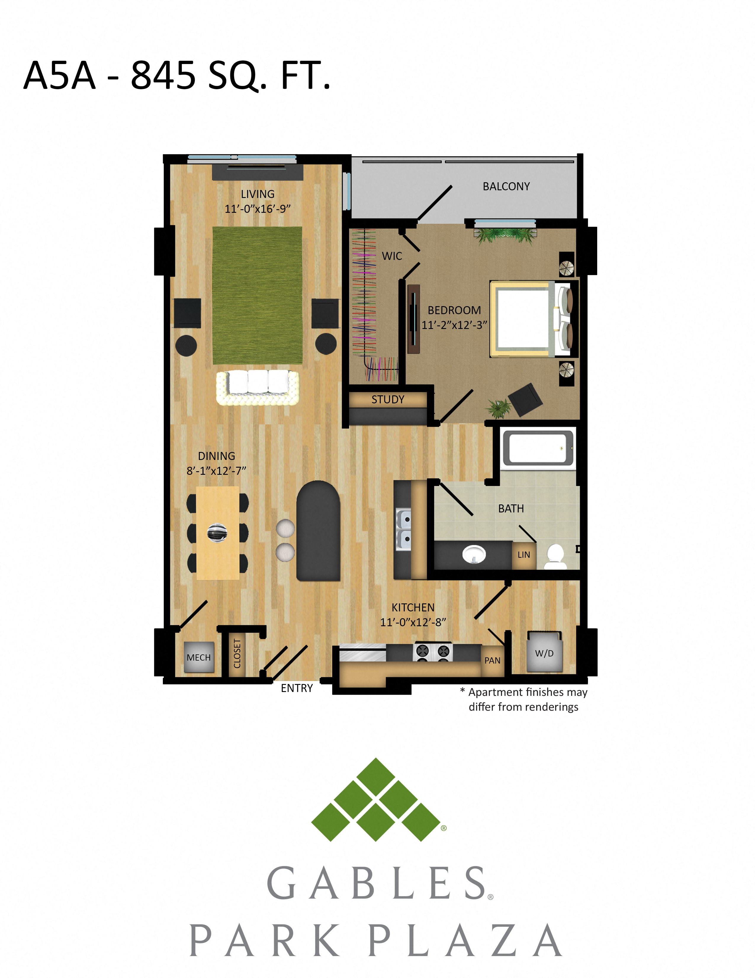 Floor plan for 1 bed, 1 bath, 845 sqft