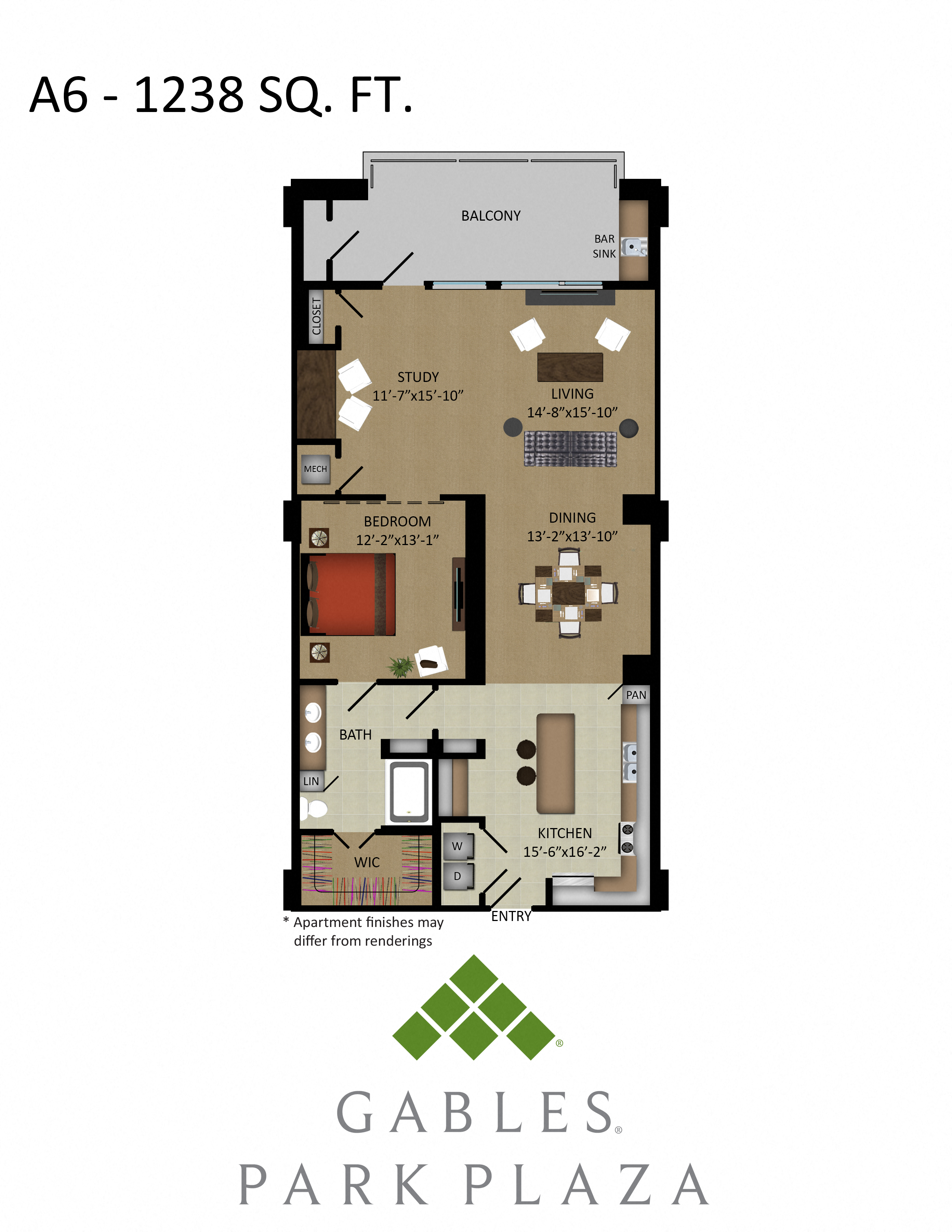 Floor plan for 1 bed, 1 bath, 1238 sqft