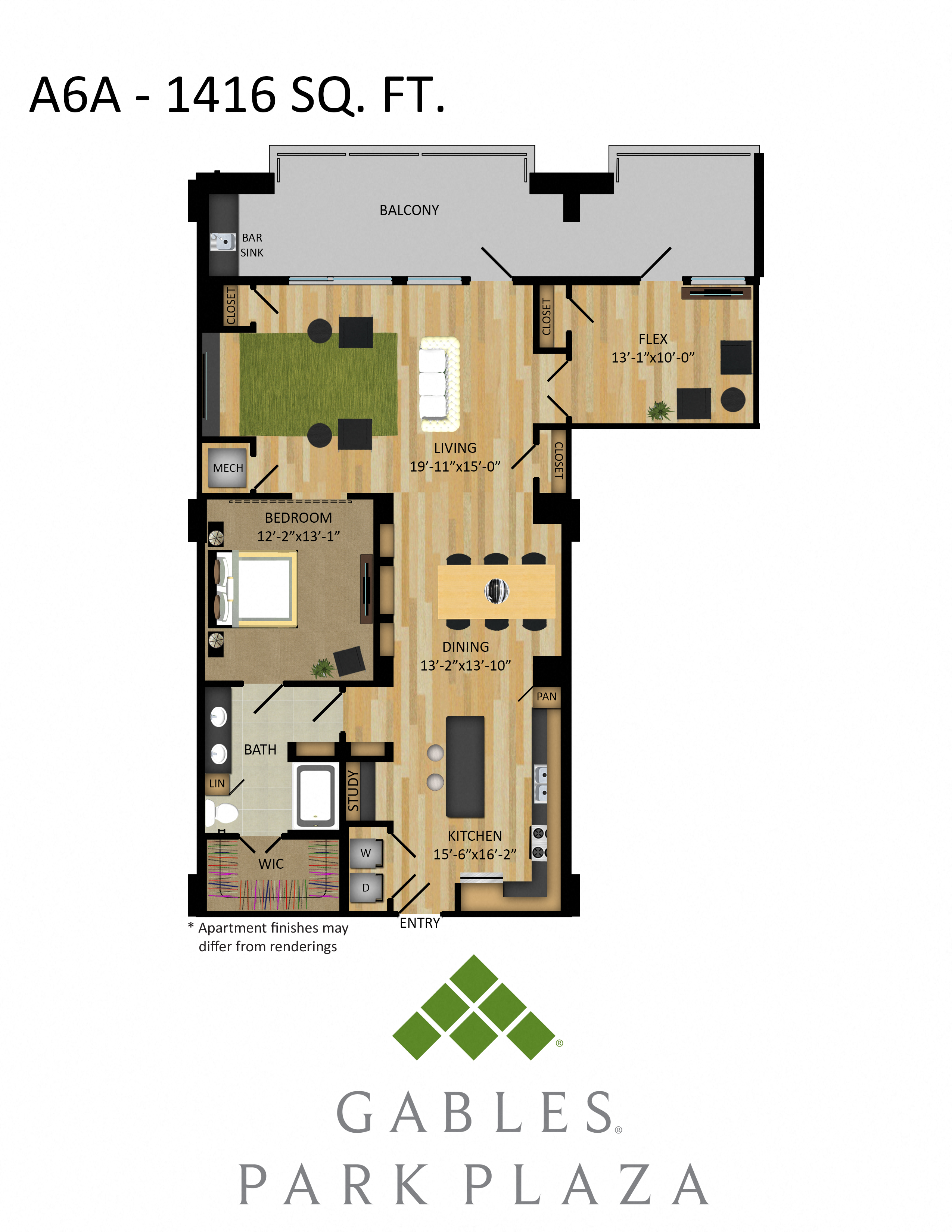 Floor plan for 1 bed, 1 bath, 1416 sqft