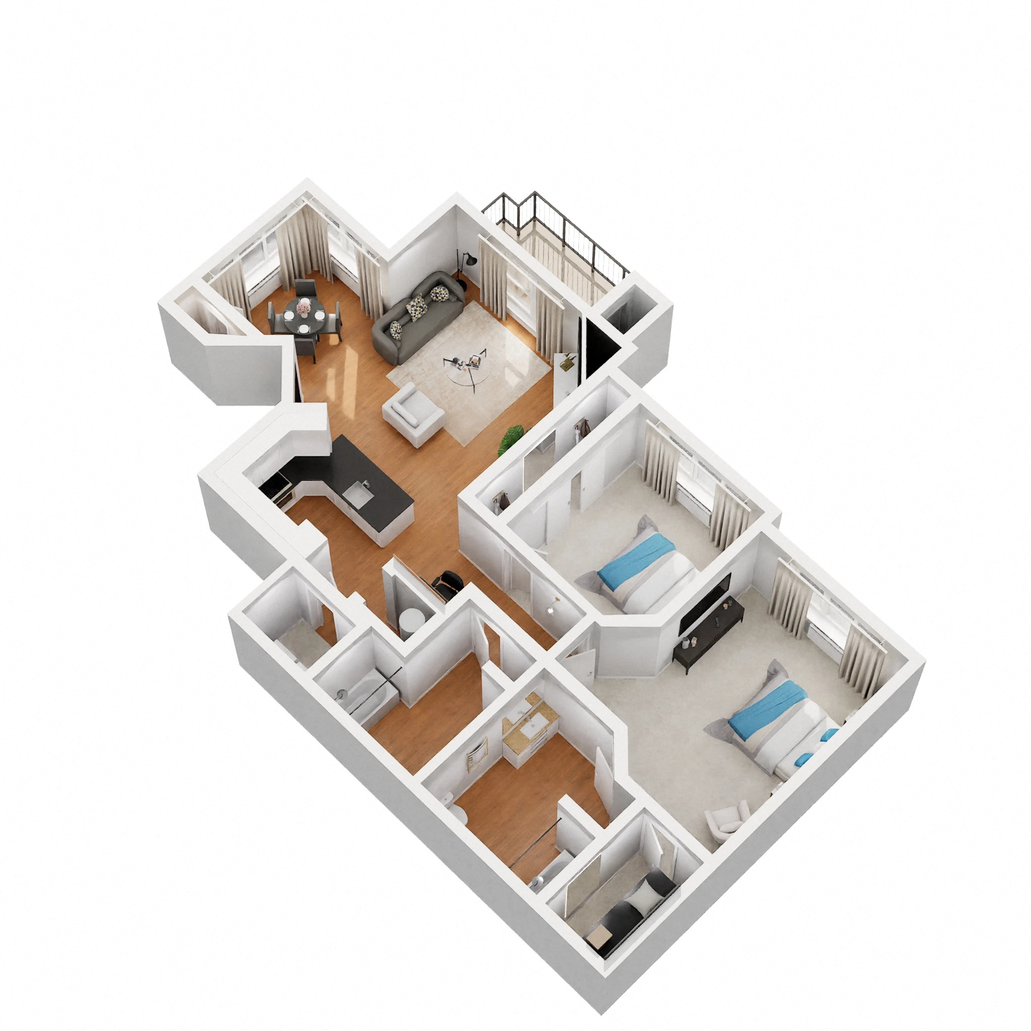 Floor plan for 2 beds, 2 baths, 1026 sqft
