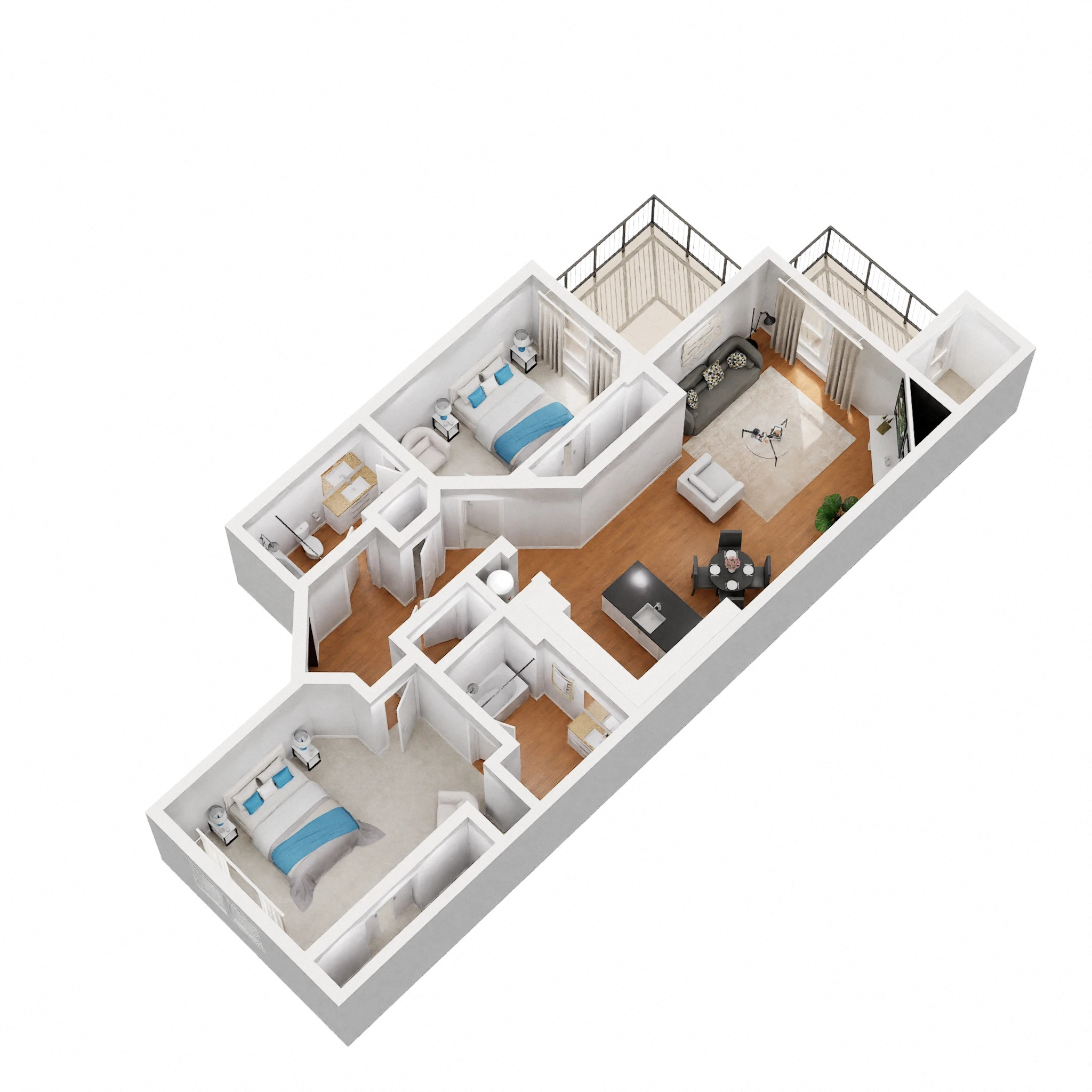 Floor plan for 2 beds, 2 baths, 1036 sqft