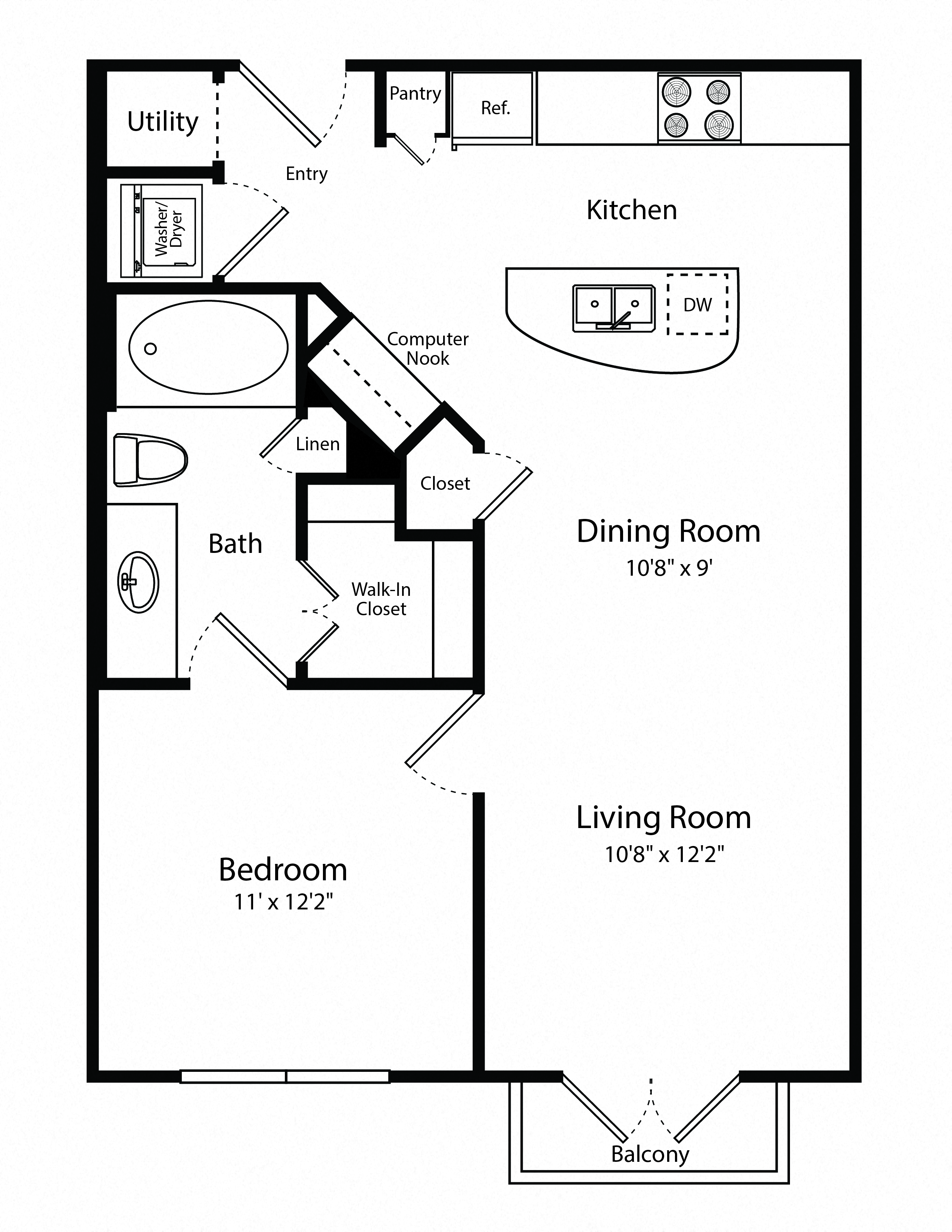 Floor plan for 1 bed, 1 bath, 765 sqft