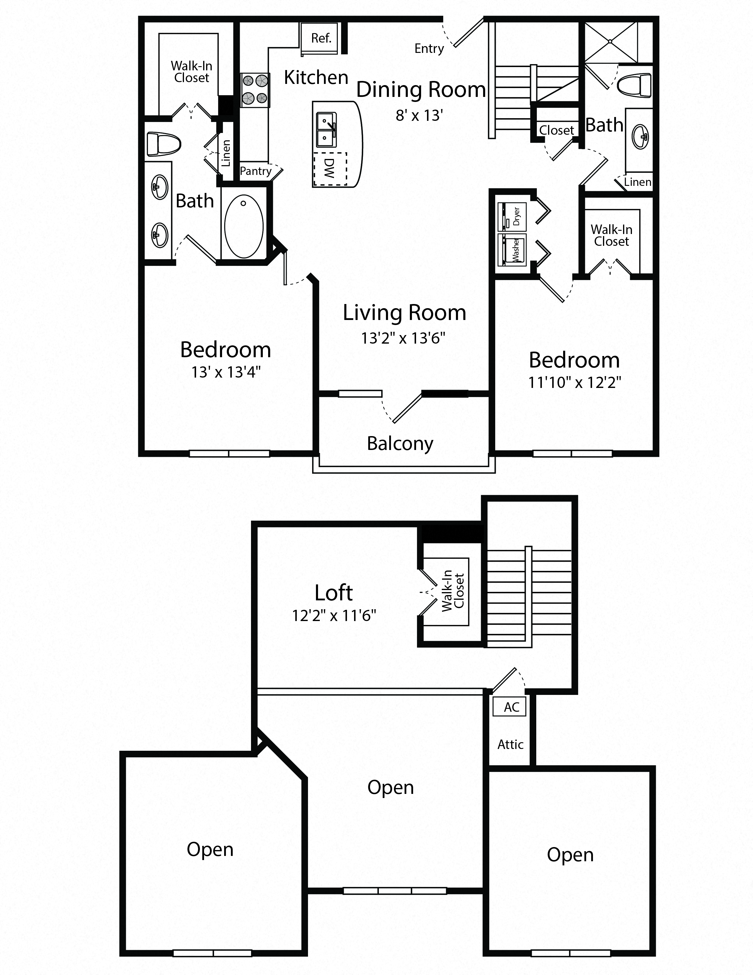 Floor plan for 2 beds, 2 baths, 1494 sqft
