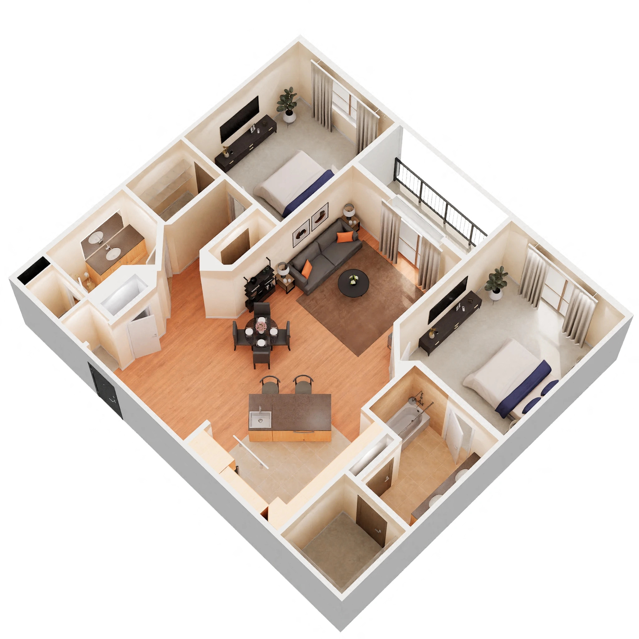 Floor plan for 2 beds, 2 baths, 1223 sqft