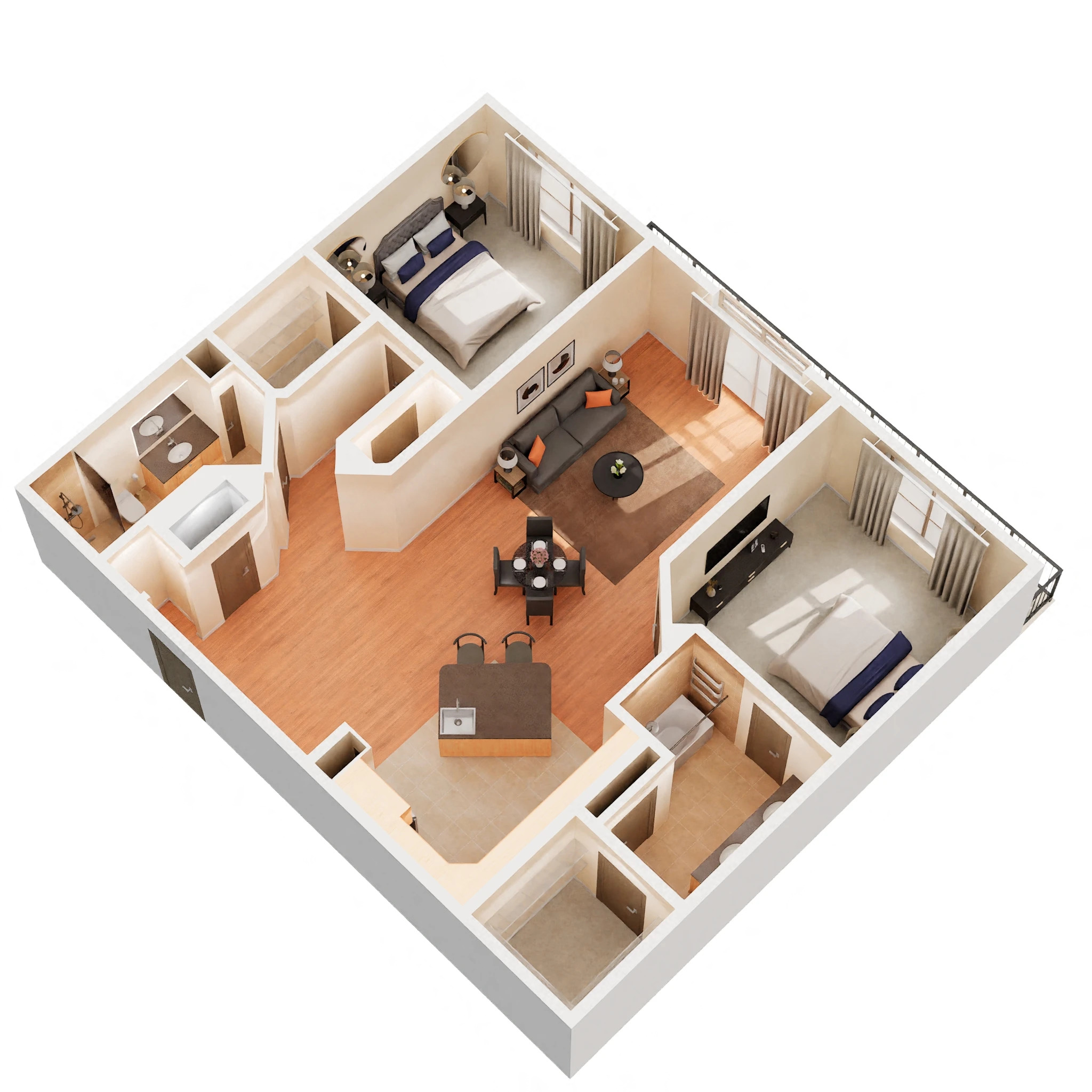 Floor plan for 2 beds, 2 baths, 1280 sqft