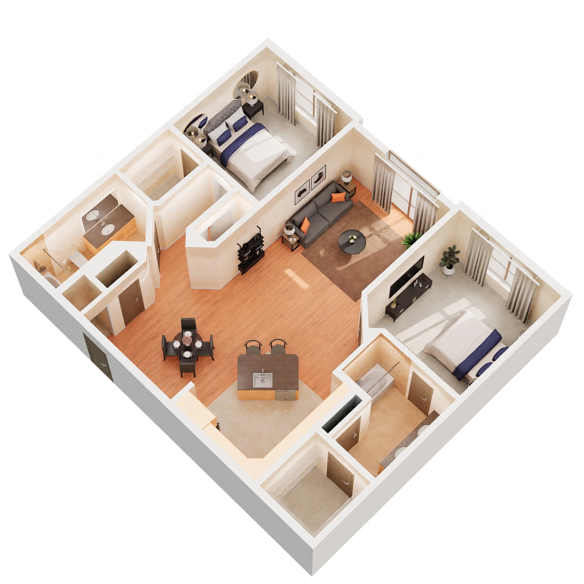 Floor plan for 2 beds, 2 baths, 1280 sqft