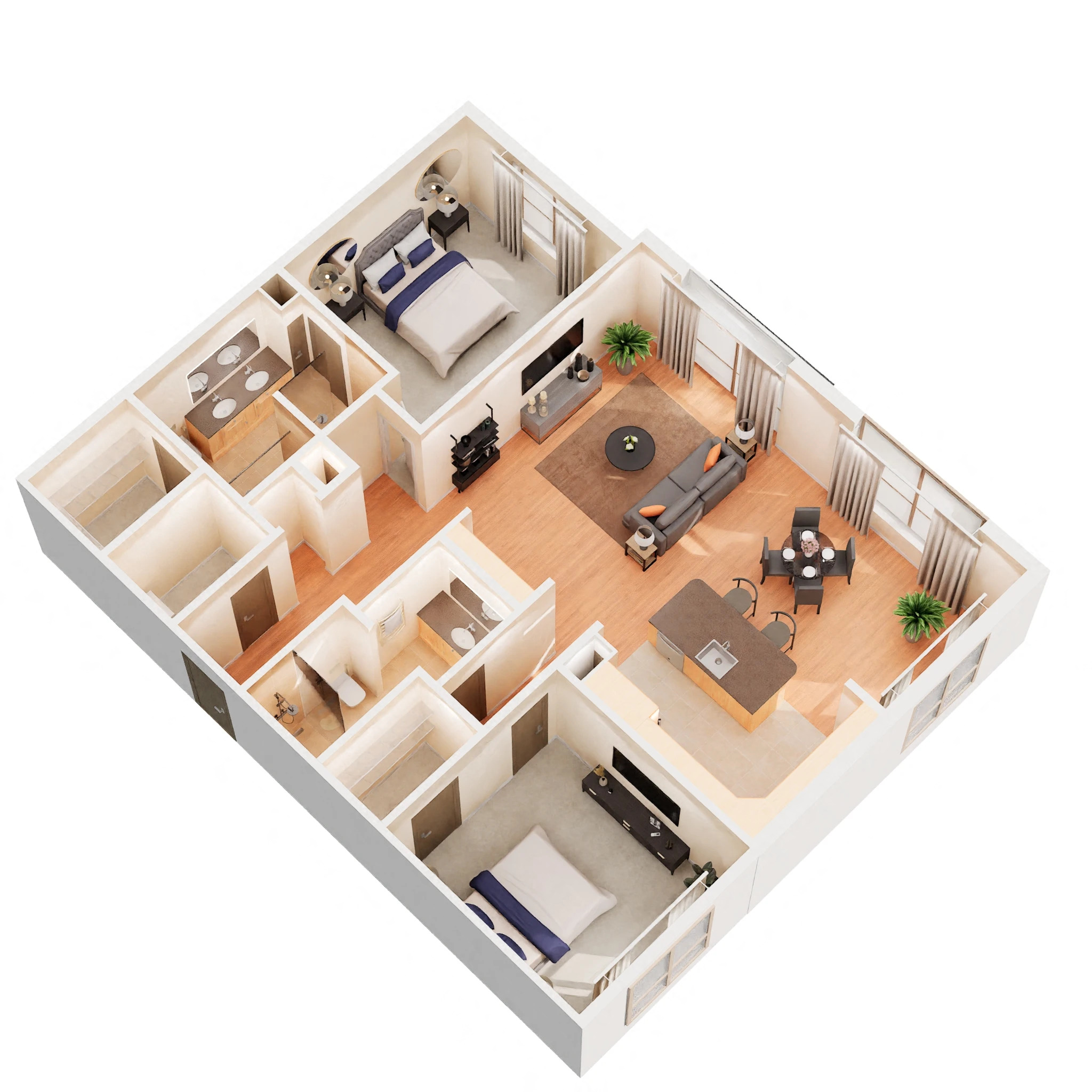Floor plan for 2 beds, 2 baths, 1376 sqft