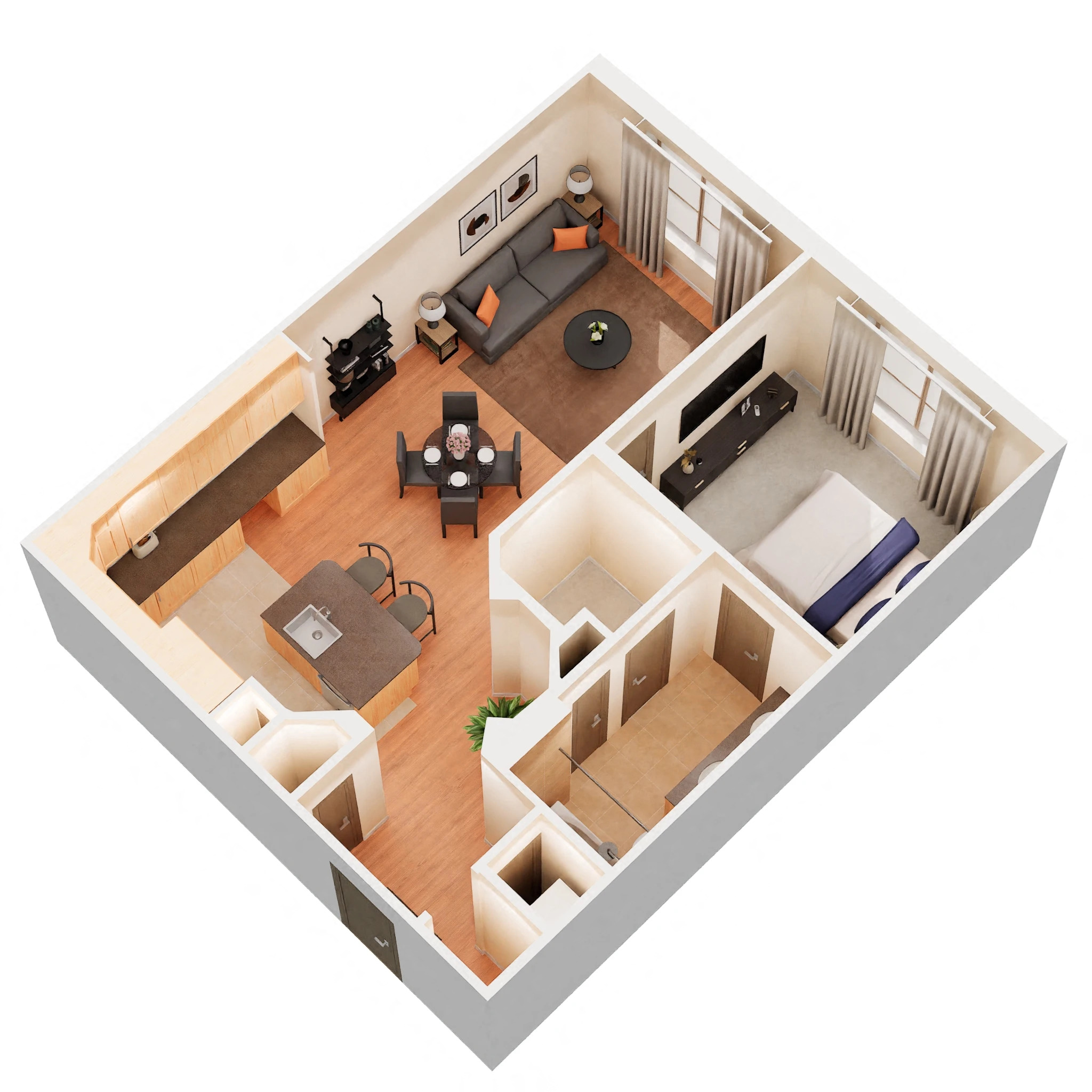 Floor plan for 1 bed, 1 bath, 839 sqft