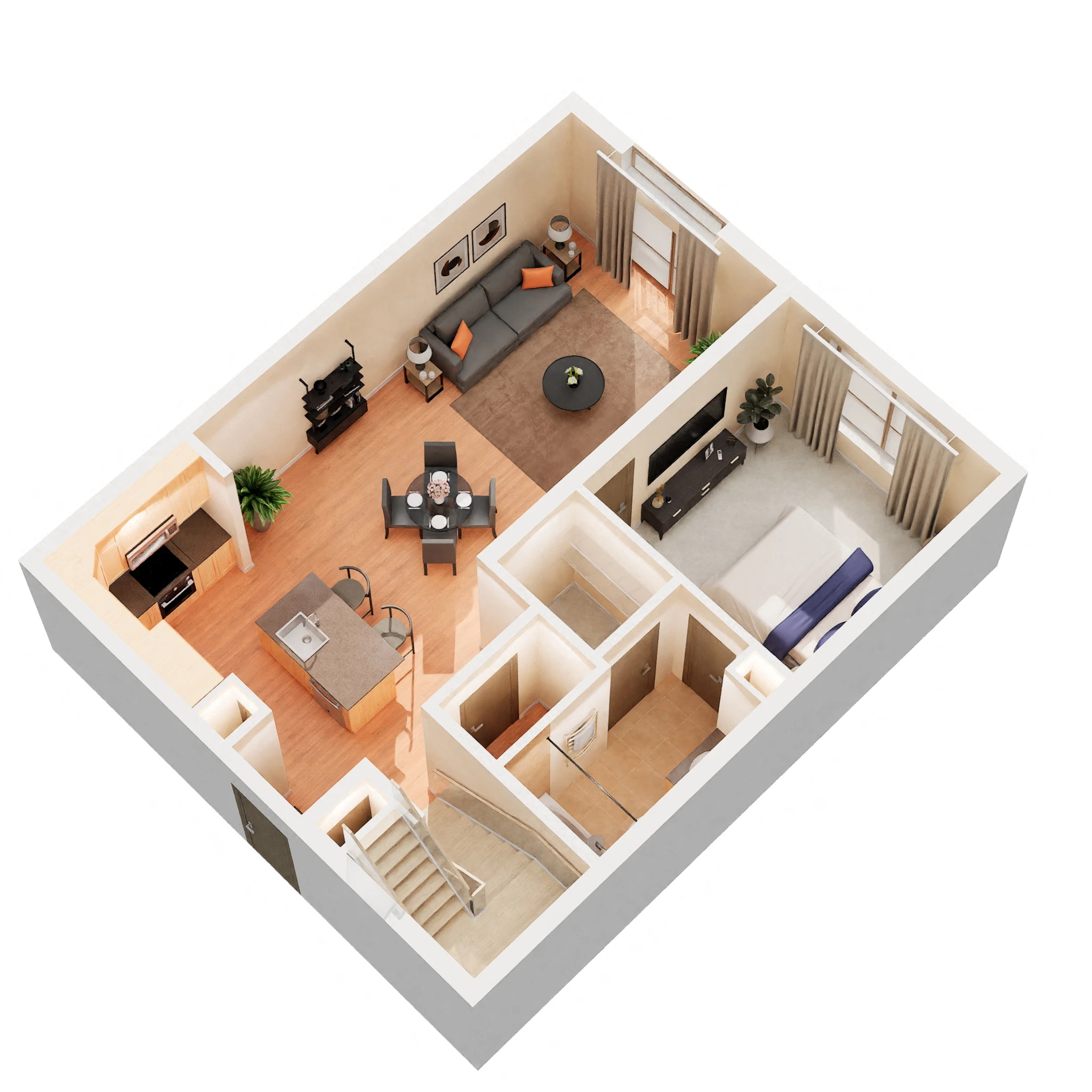 Floor plan for 1 bed, 1.5 baths, 1000 sqft