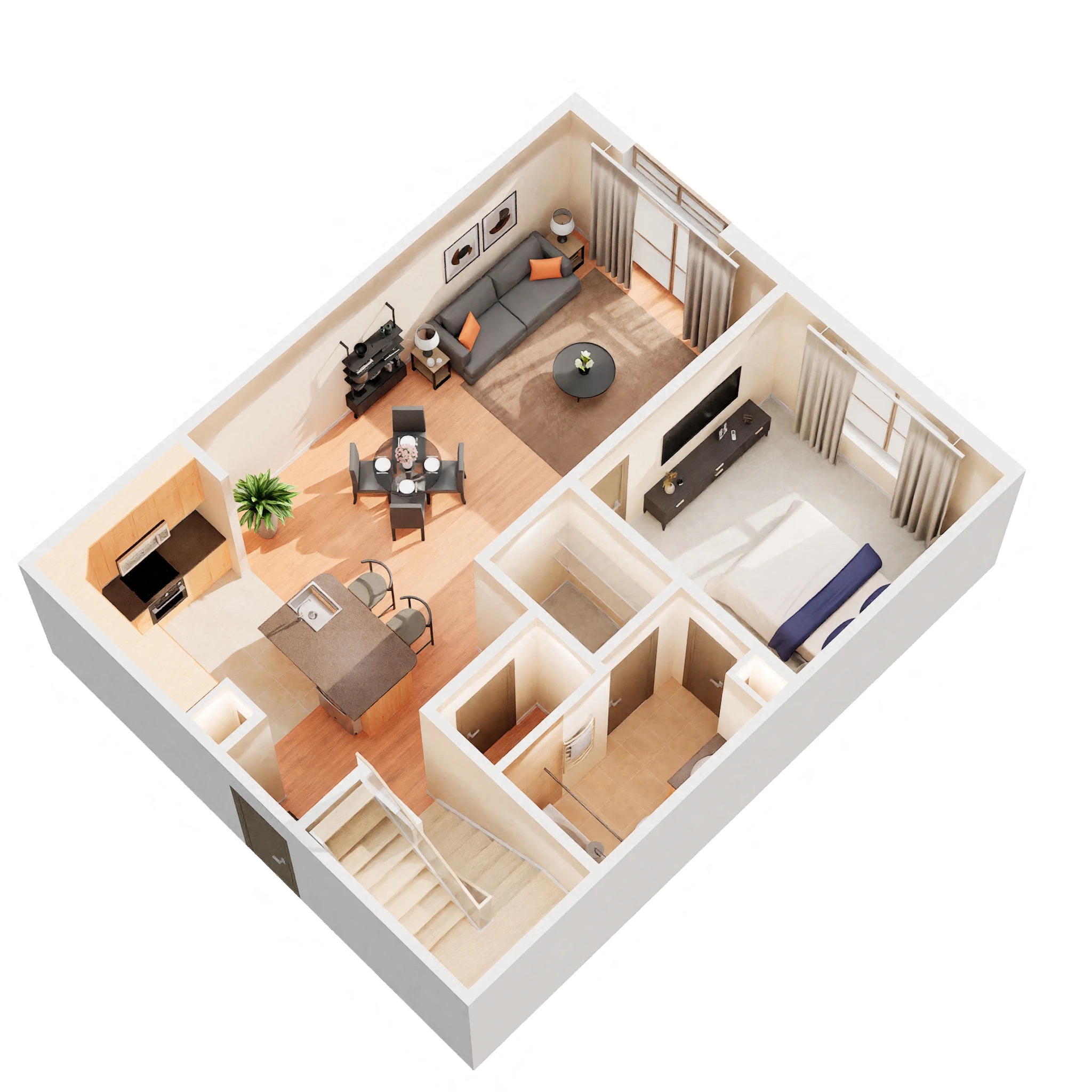 Floor plan for 1 bed, 1.5 baths, 944 sqft