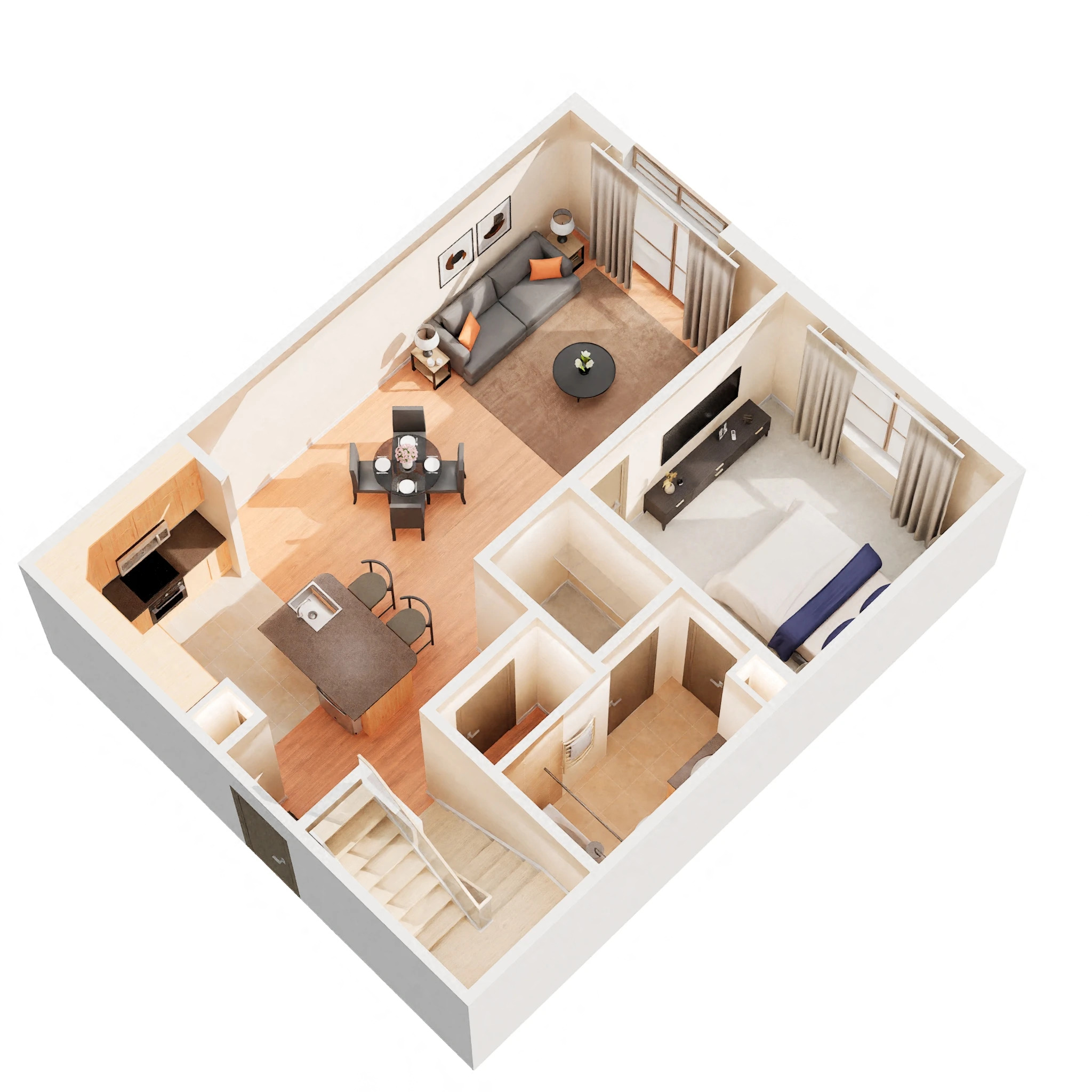 Floor plan for 1 bed, 1.5 baths, 945 sqft