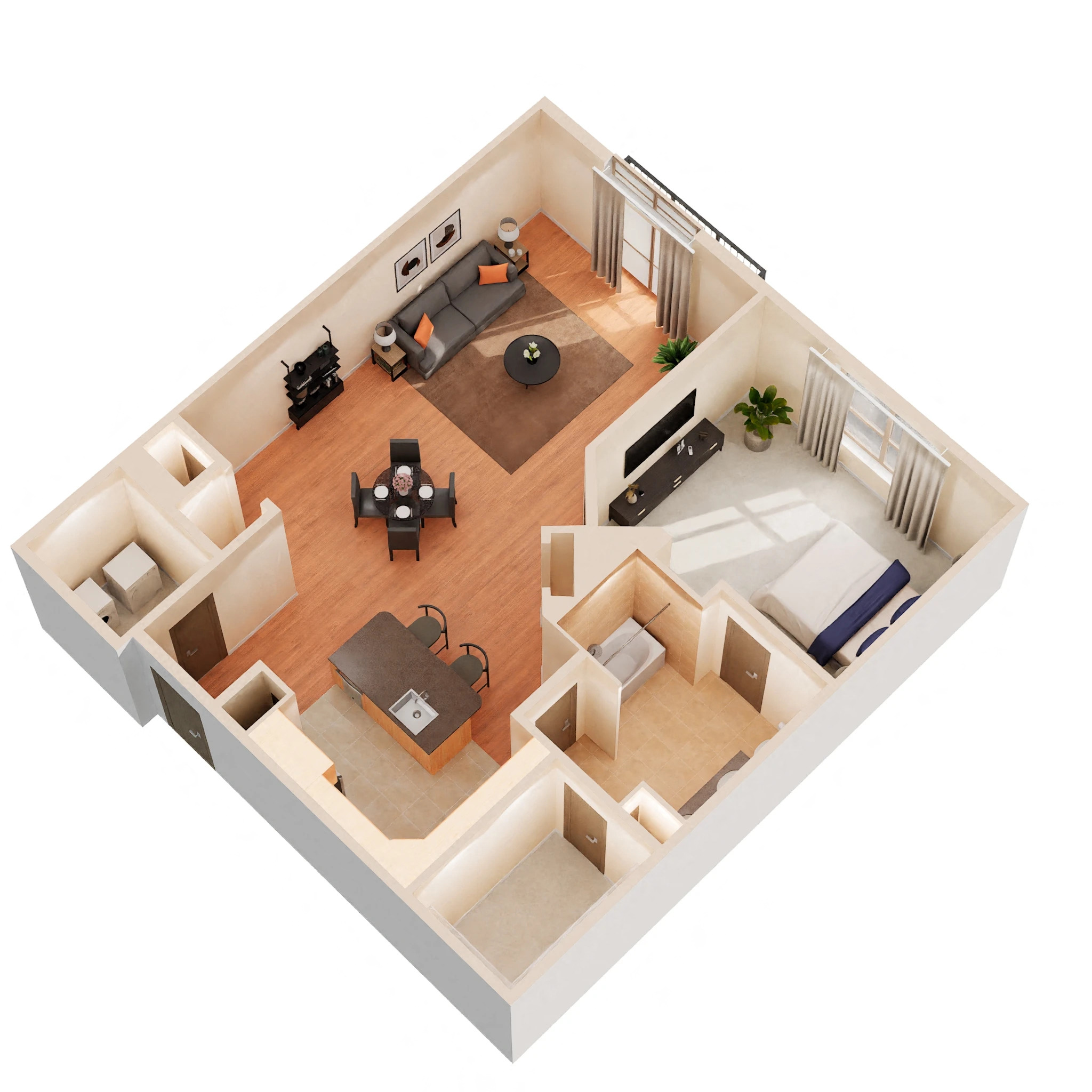 Floor plan for 1 bed, 1 bath, 958 sqft