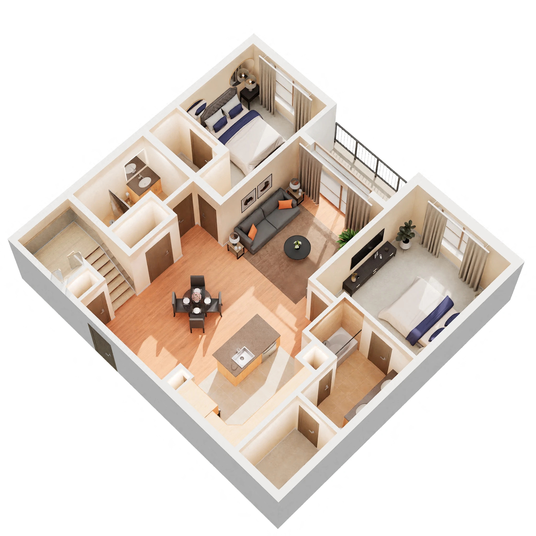 Floor plan for 2 beds, 3 baths, 1351 sqft