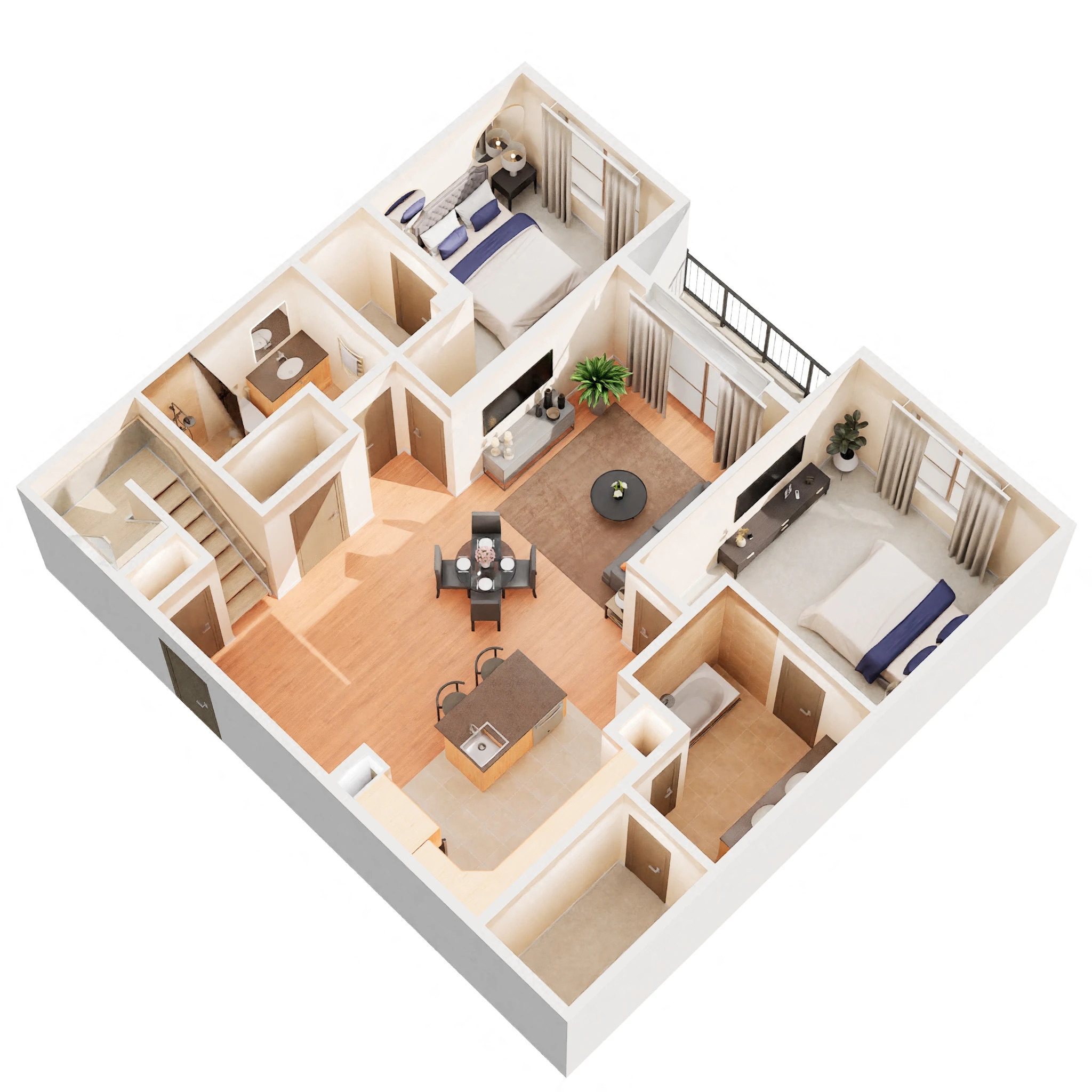 Floor plan for 2 beds, 3 baths, 1407 sqft