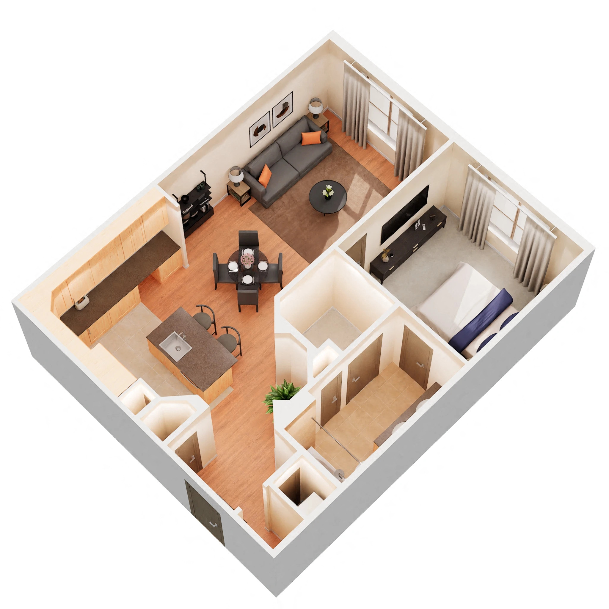 Floor plan for 1 bed, 1 bath, 839 sqft