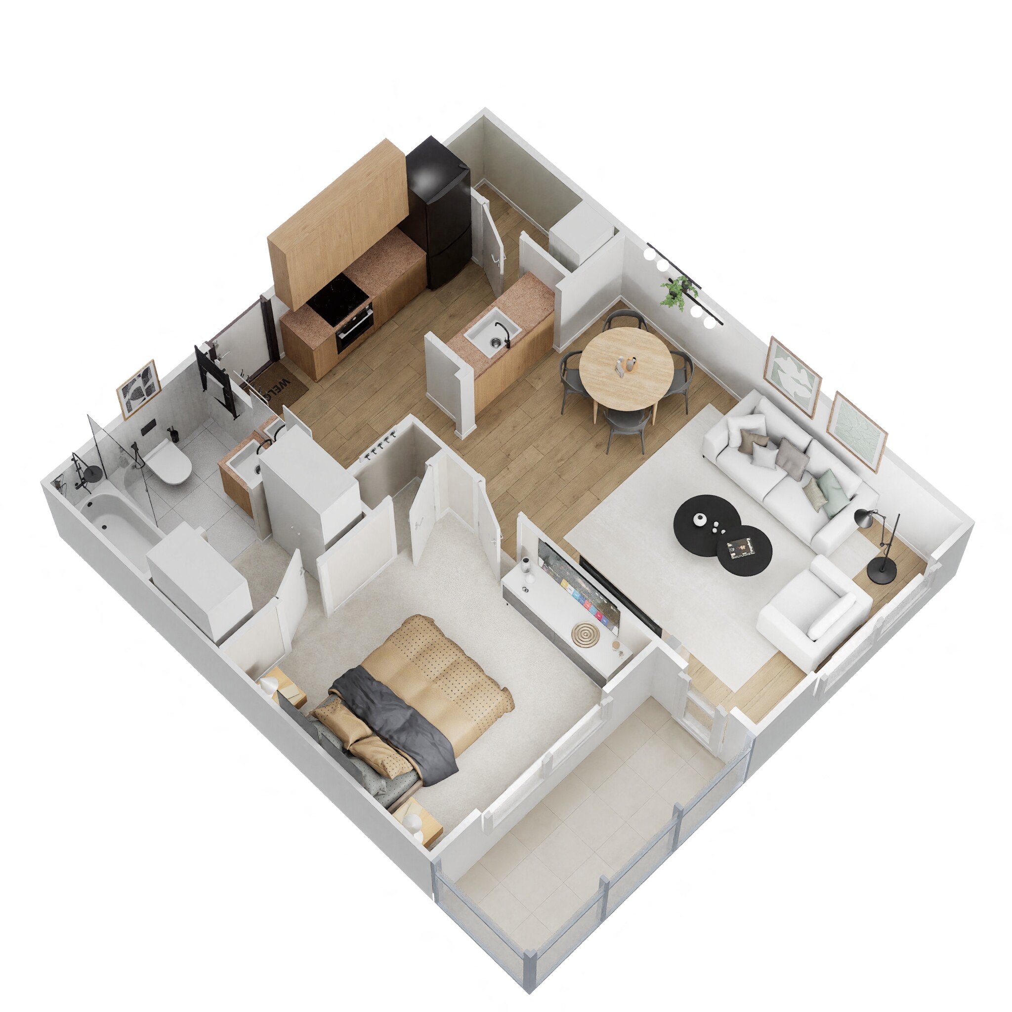 Floor plan for 1 bed, 1 bath, 569 sqft