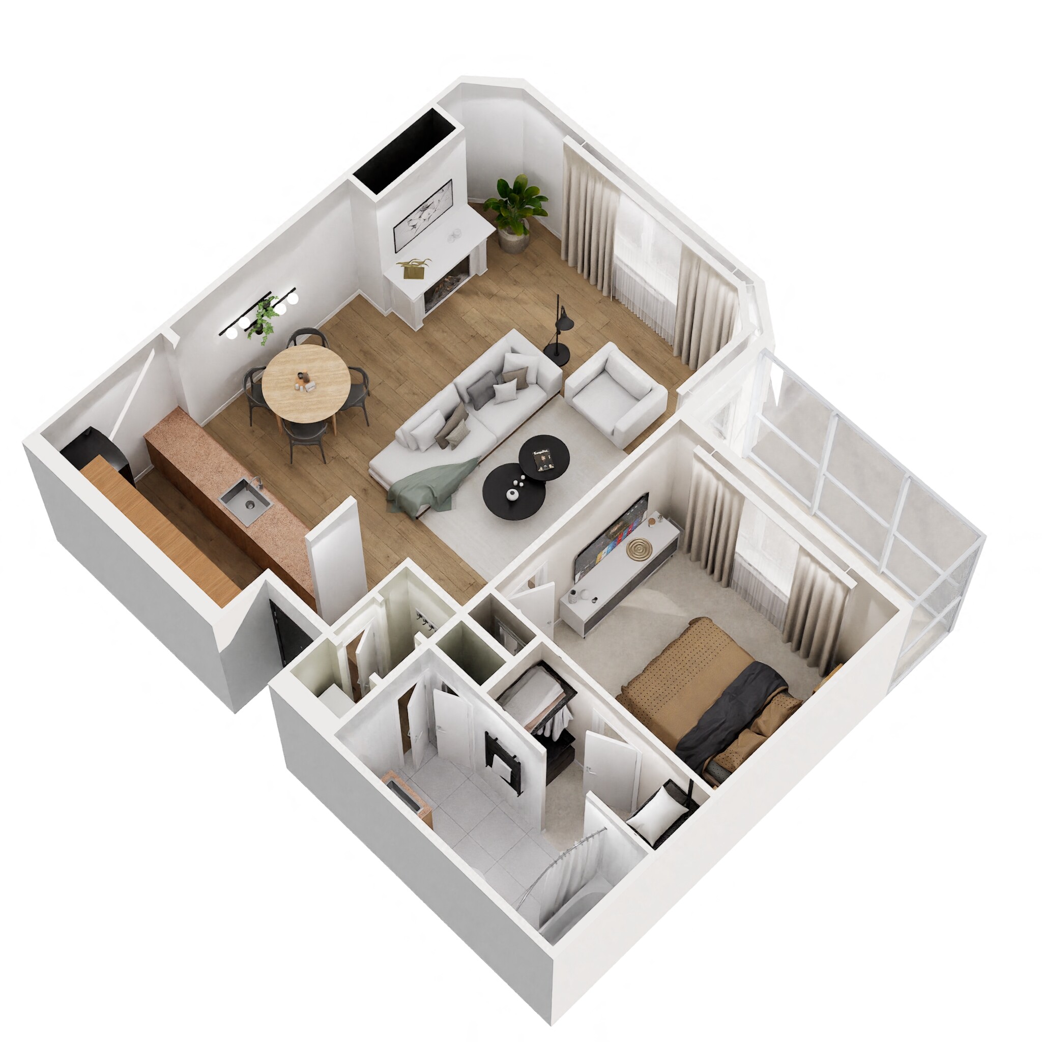 Floor plan for 1 bed, 1 bath, 697 sqft