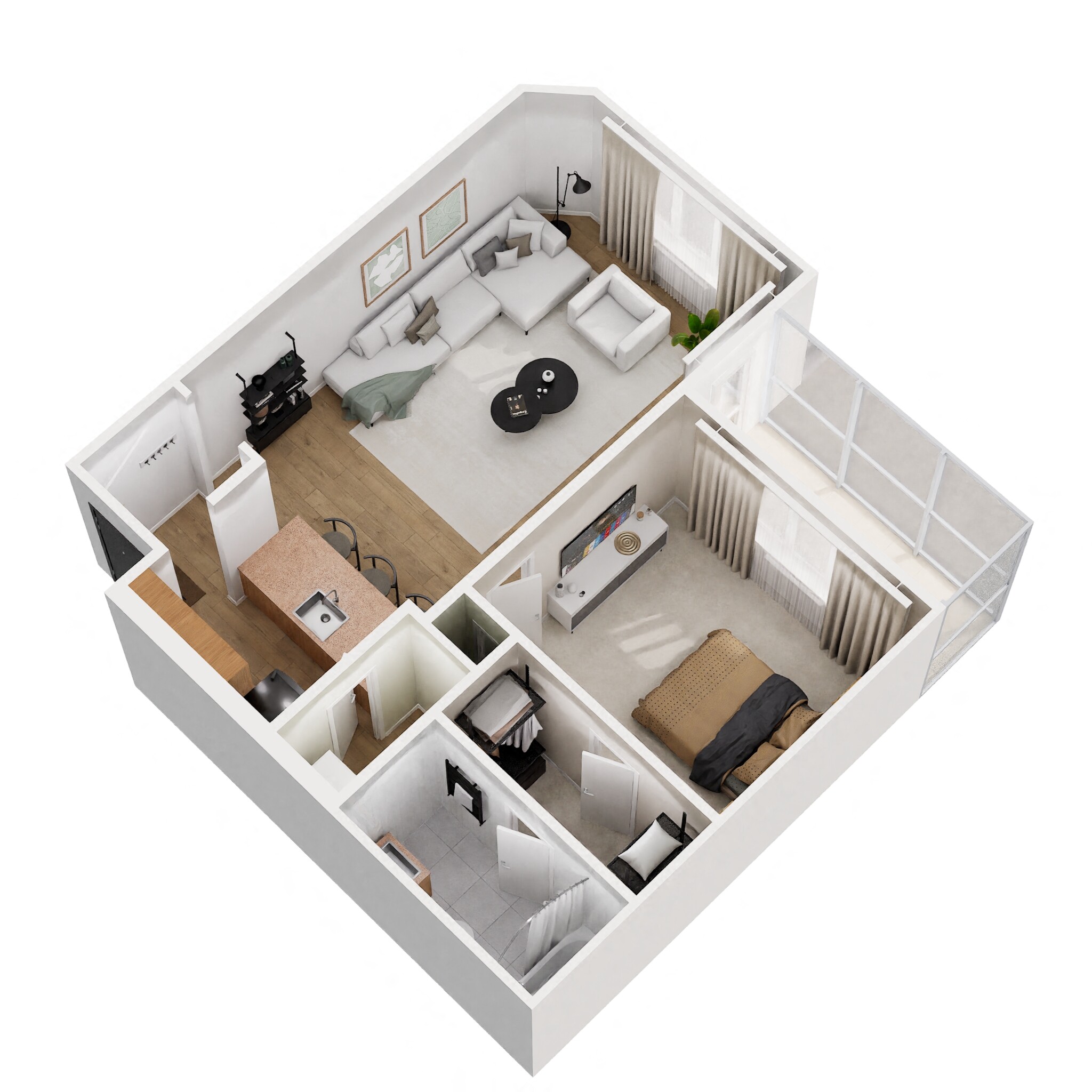 Floor plan for 1 bed, 1 bath, 693 sqft