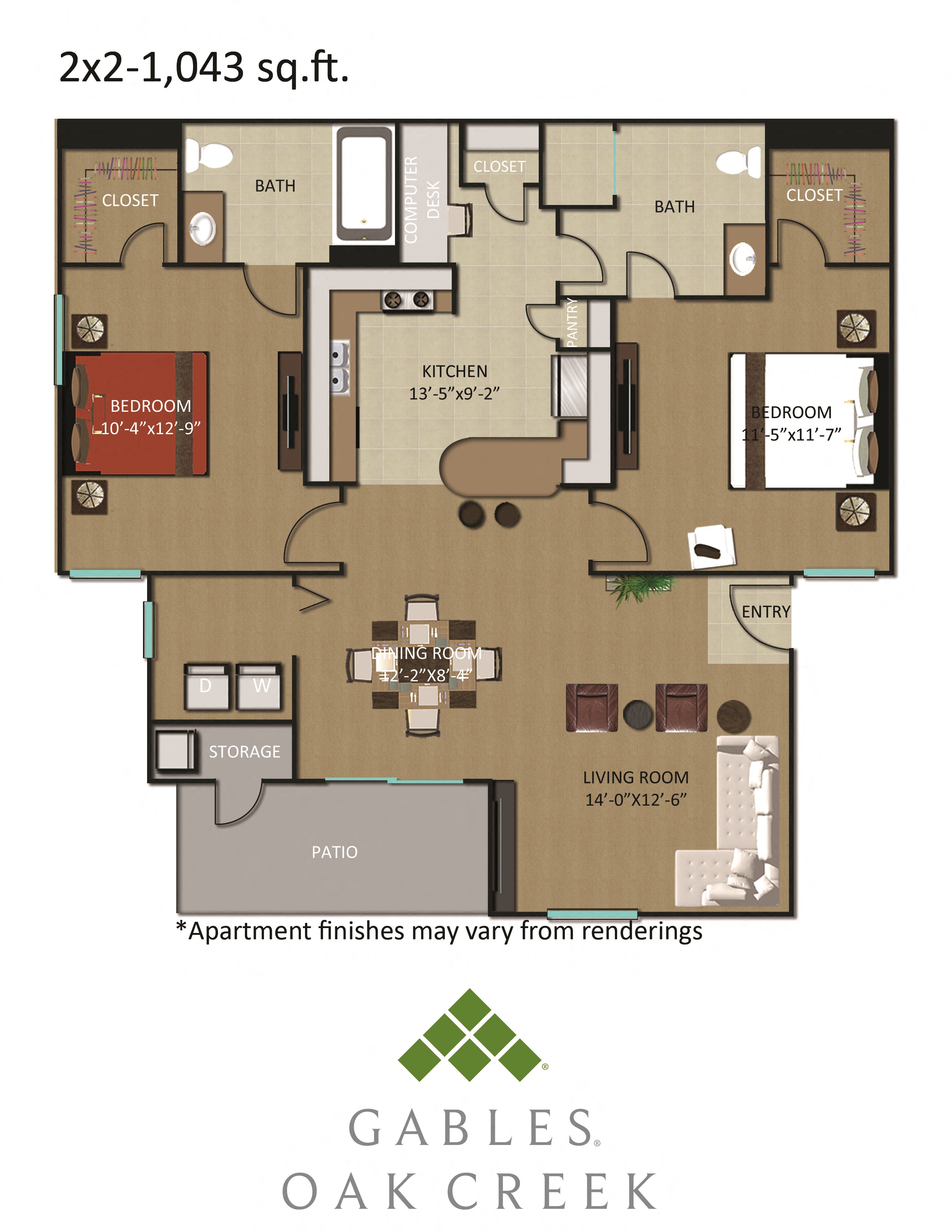 Floor plan for 2 beds, 2 baths, 1043 sqft