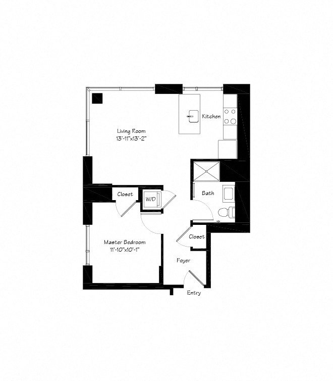 Floor plan for 1 bed, 1 bath, 659 sqft