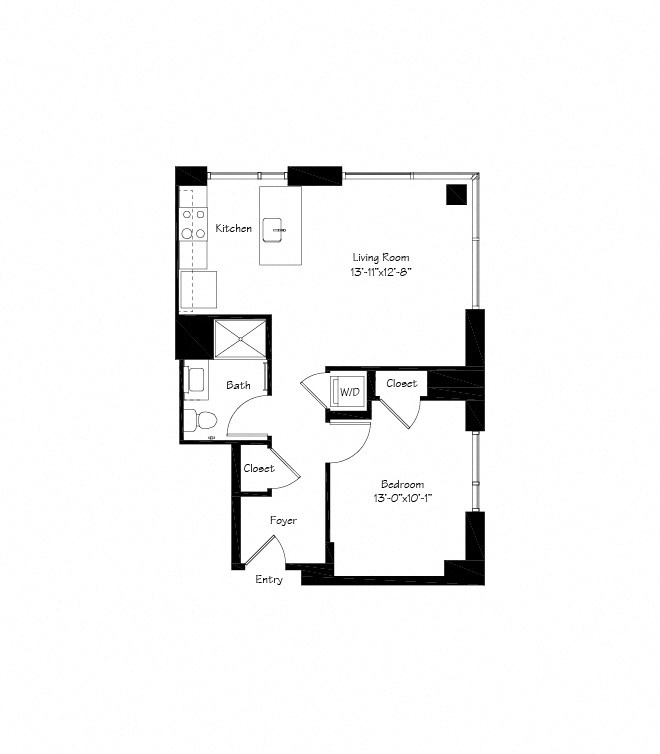 Floor plan for 1 bed, 1 bath, 670 sqft