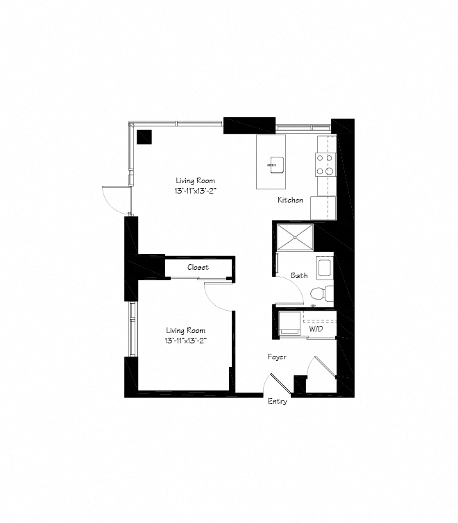 Floor plan for 1 bed, 1 bath, 705 sqft