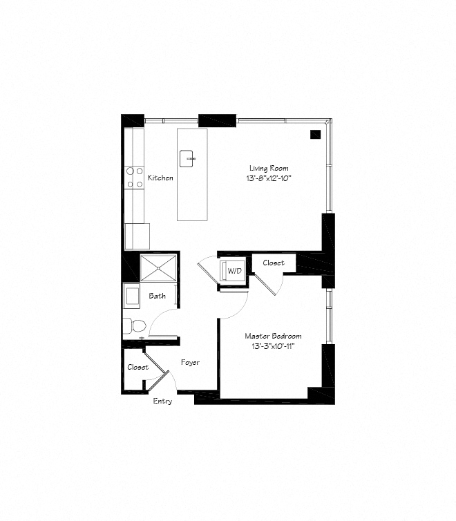 Floor plan for 1 bed, 1 bath, 718 sqft