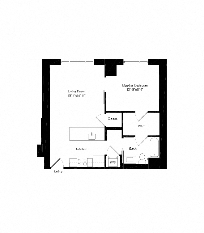 Floor plan for 1 bed, 1 bath, 737 sqft