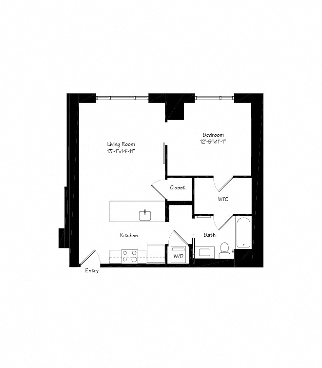 Floor plan for 1 bed, 1 bath, 737 sqft
