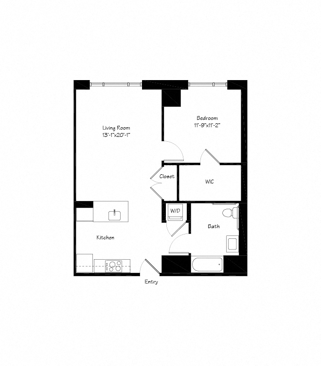 Floor plan for 1 bed, 1 bath, 798 sqft
