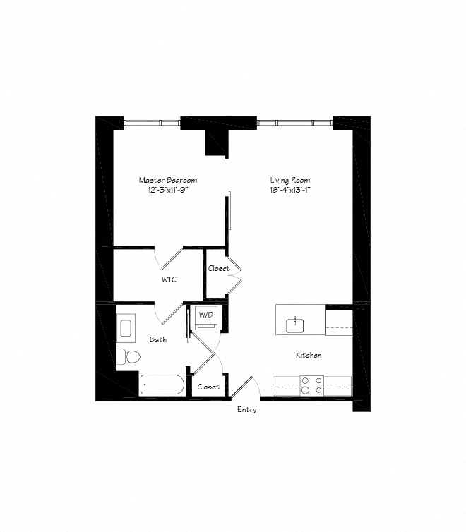 Floor plan for 1 bed, 1 bath, 809 sqft