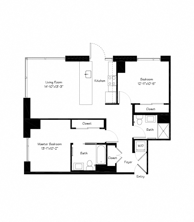 Floor plan for 2 beds, 2 baths, 1075 sqft