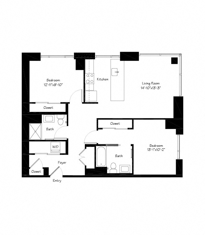 Floor plan for 2 beds, 2 baths, 1123 sqft
