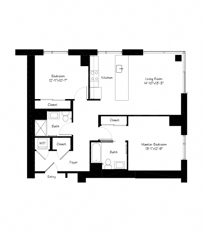 Floor plan for 2 beds, 2 baths, 1128 sqft
