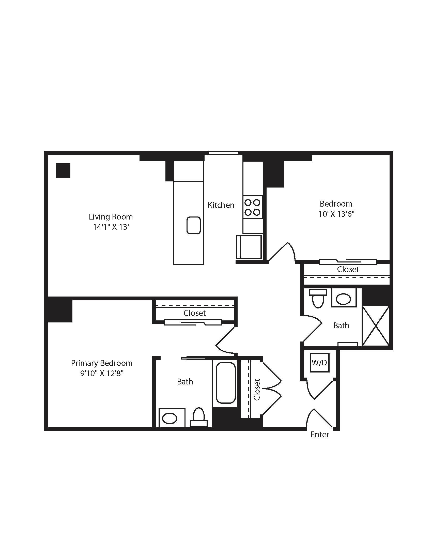 Floor plan for 2 beds, 2 baths, 1084 sqft