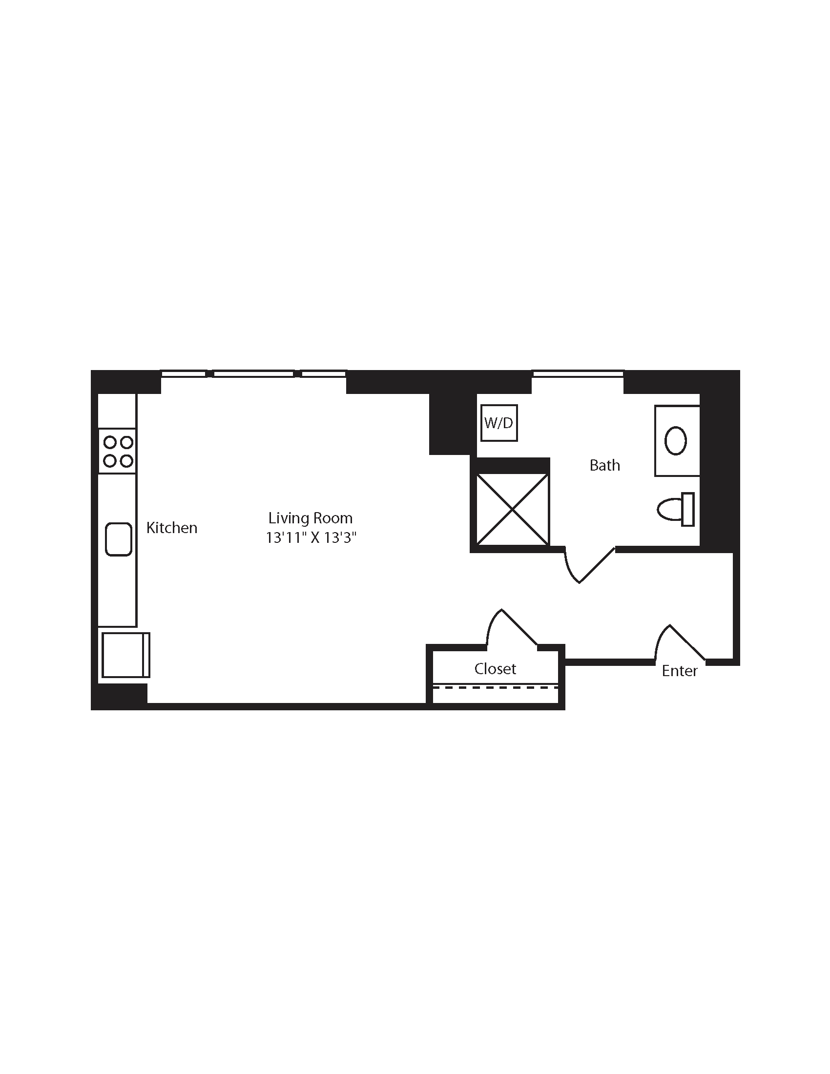 Floor plan for studio, 1 bath, 409 sqft